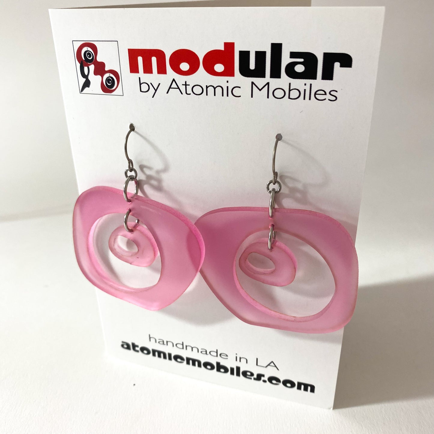 Frosted Pink Paris retro mid century modern statement fashion earrings by AtomicMobiles.com