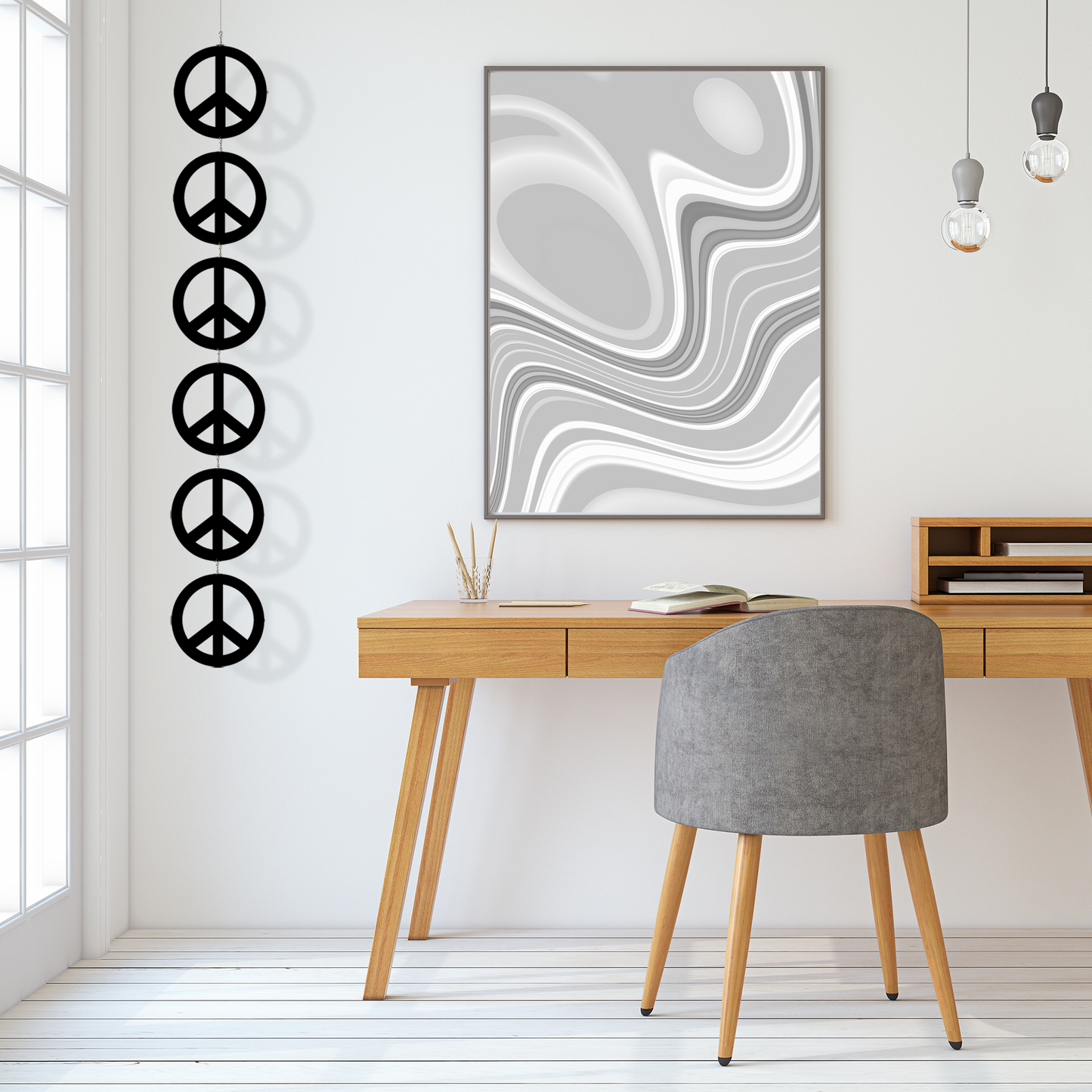 Home office decor with Peace Sign hanging kinetic art mobile, modern desk and framed art with uncluttered wood desk next to windows - by AtomicMobiles.com