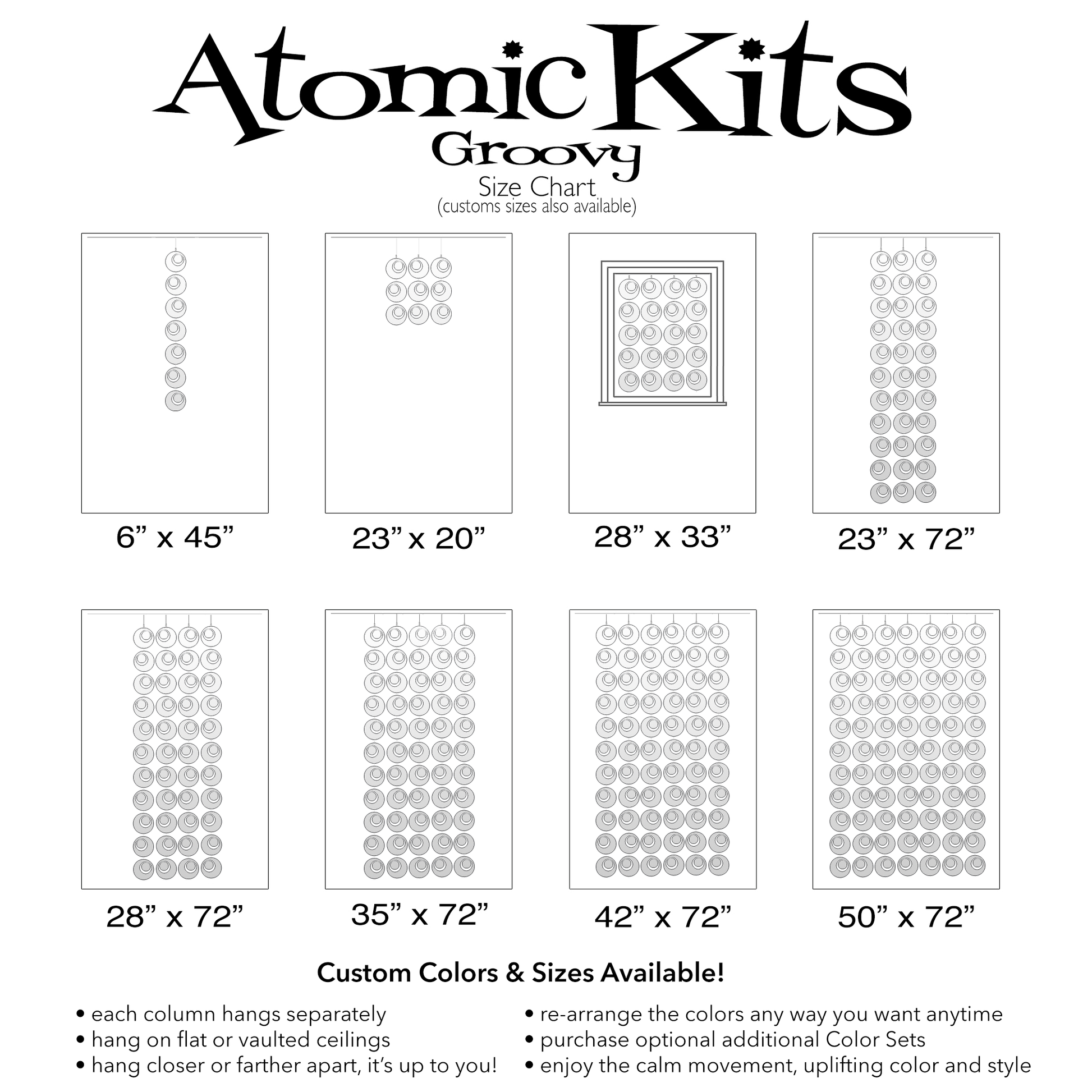 Size Chart for Groovy DIY KIT for mobiles, room dividers, and curtains  in Clear Lucite Acrylic by AtomicMobiles.com