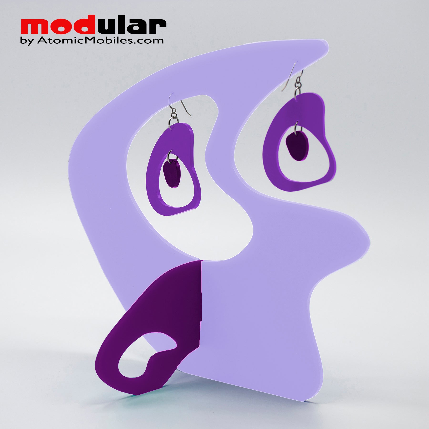 Handmade Boomerang Retro style earrings and stabile kinetic modern art sculpture in Lavender and Purple by AtomicMobiles.com