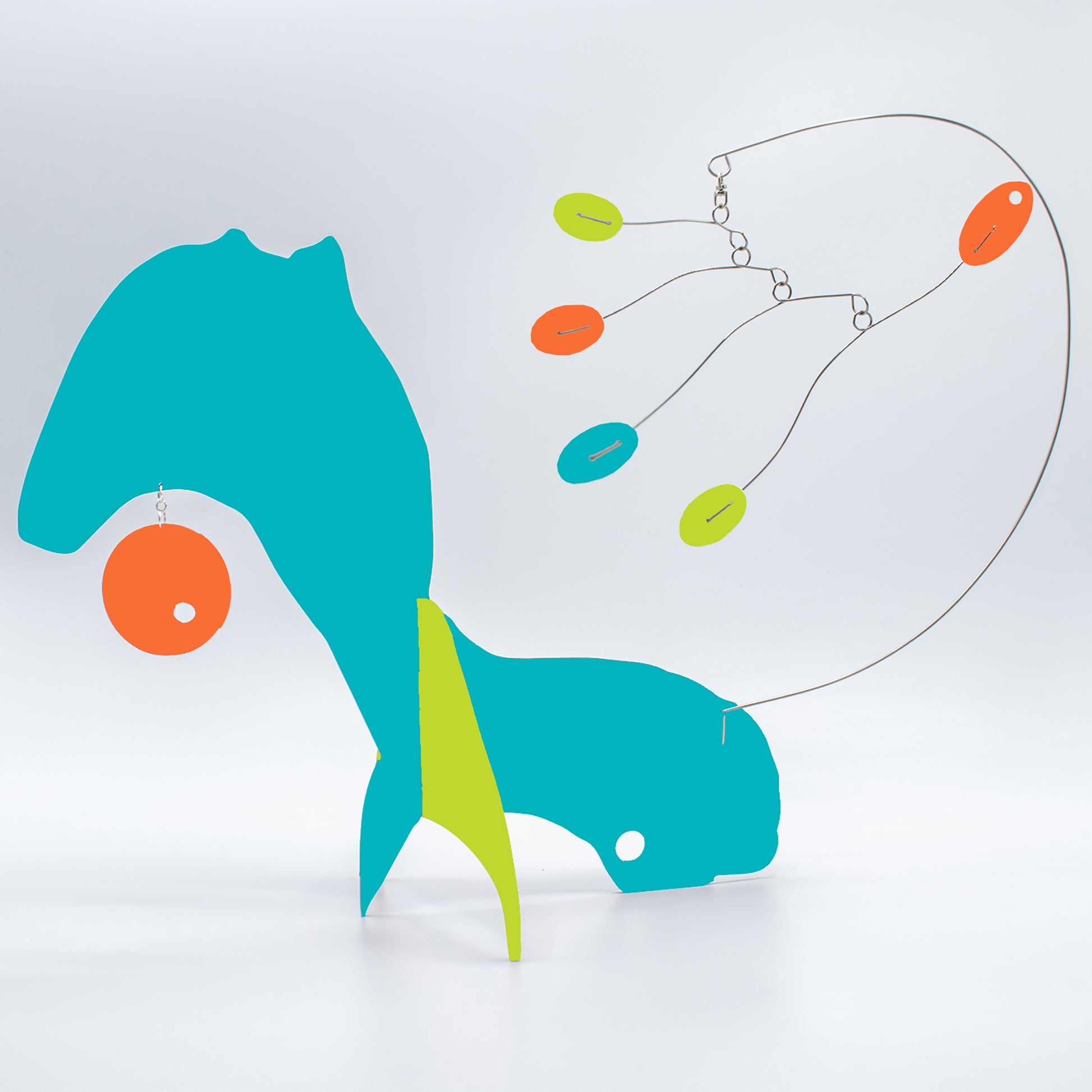 KinetiCats Collection Fox in Aqua, Orange, and Lime Green - one of 12 Modern Cute Abstract Animal Art Sculpture Kinetic Stabiles inspired by Dada and mid century modern style art by AtomicMobiles.com