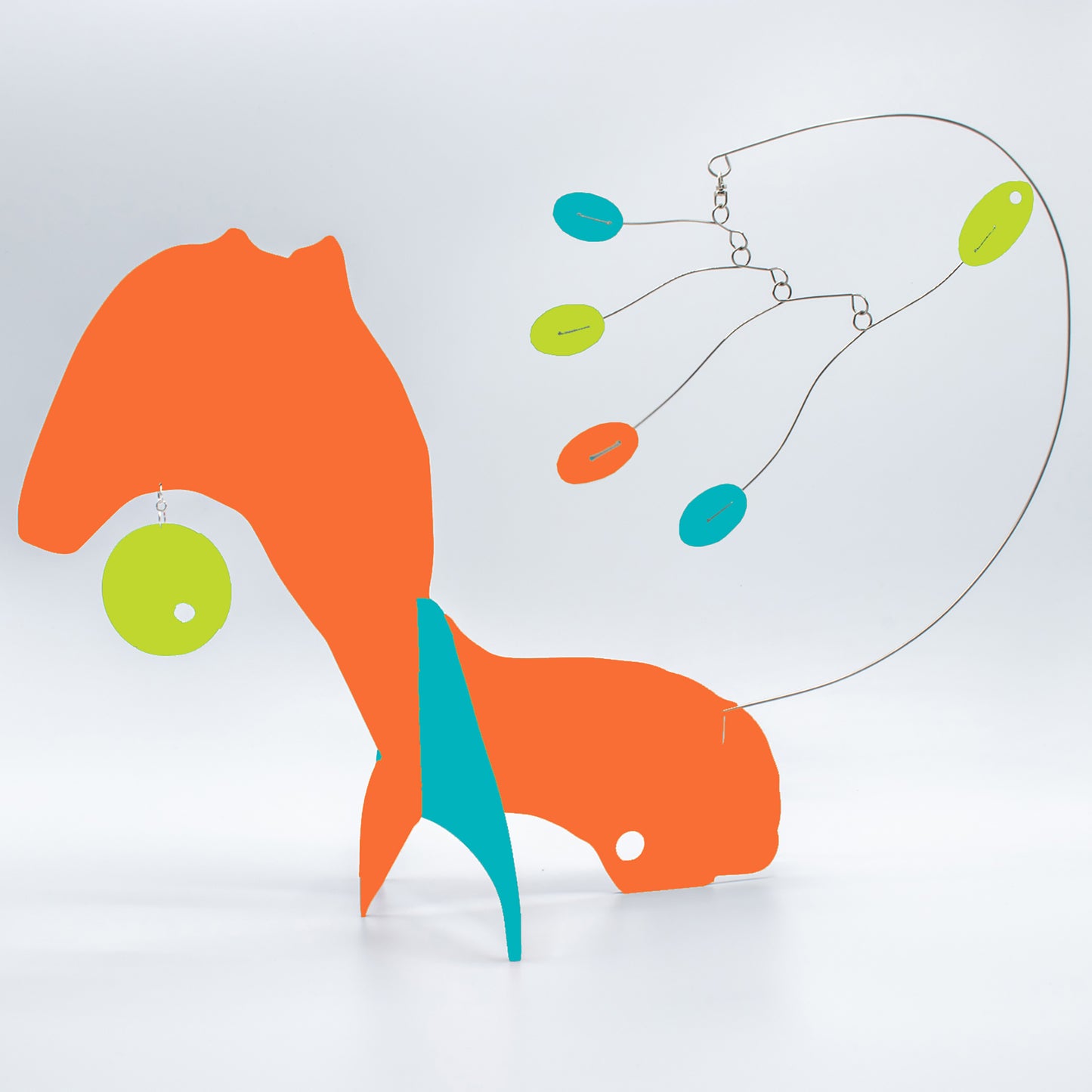 KinetiCats Collection Fox in Orange, Aqua, and Lime Green - one of 12 Modern Cute Abstract Animal Art Sculpture Kinetic Stabiles inspired by Dada and mid century modern style art by AtomicMobiles.com