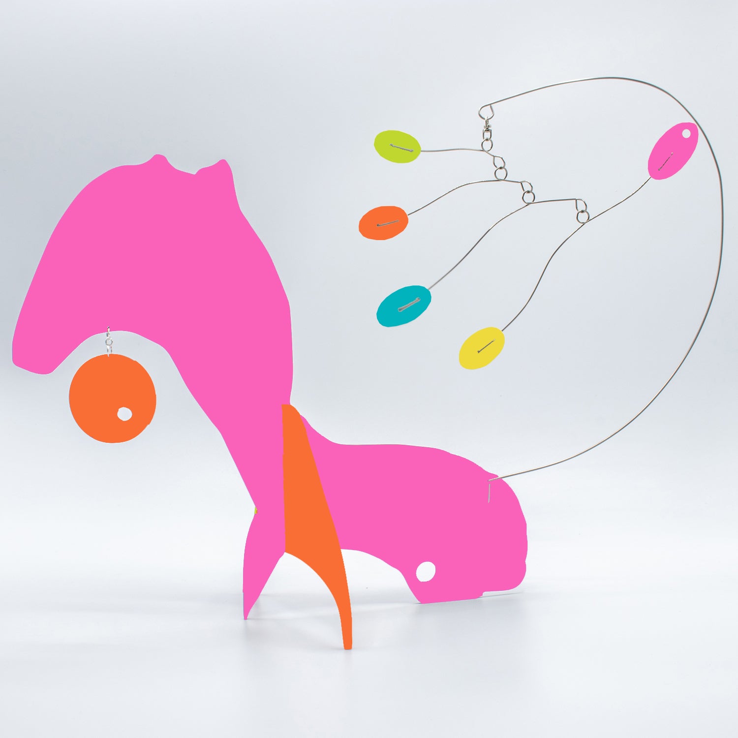 KinetiCats Collection Fox in Hot Pink, Orange, Aqua, Lime Green, and Yellow - one of 12 Modern Cute Abstract Animal Art Sculpture Kinetic Stabiles inspired by Dada and mid century modern style art by AtomicMobiles.com