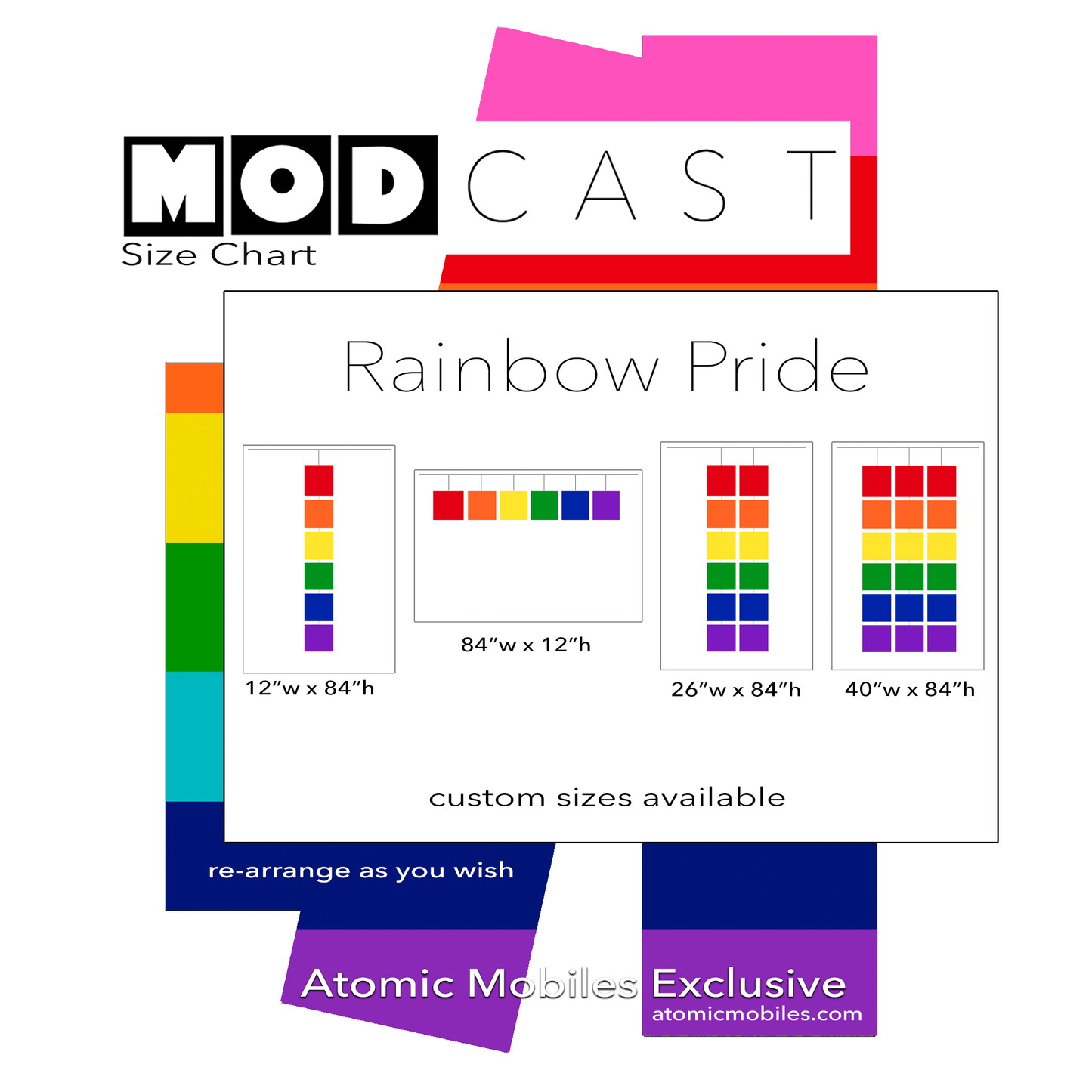 Size Chart for MODcast Mobiles in LGBTQ+ Rainbow Colors - mid century modern abstract art for home decor - handmade in Los Angeles by AtomicMobiles.com