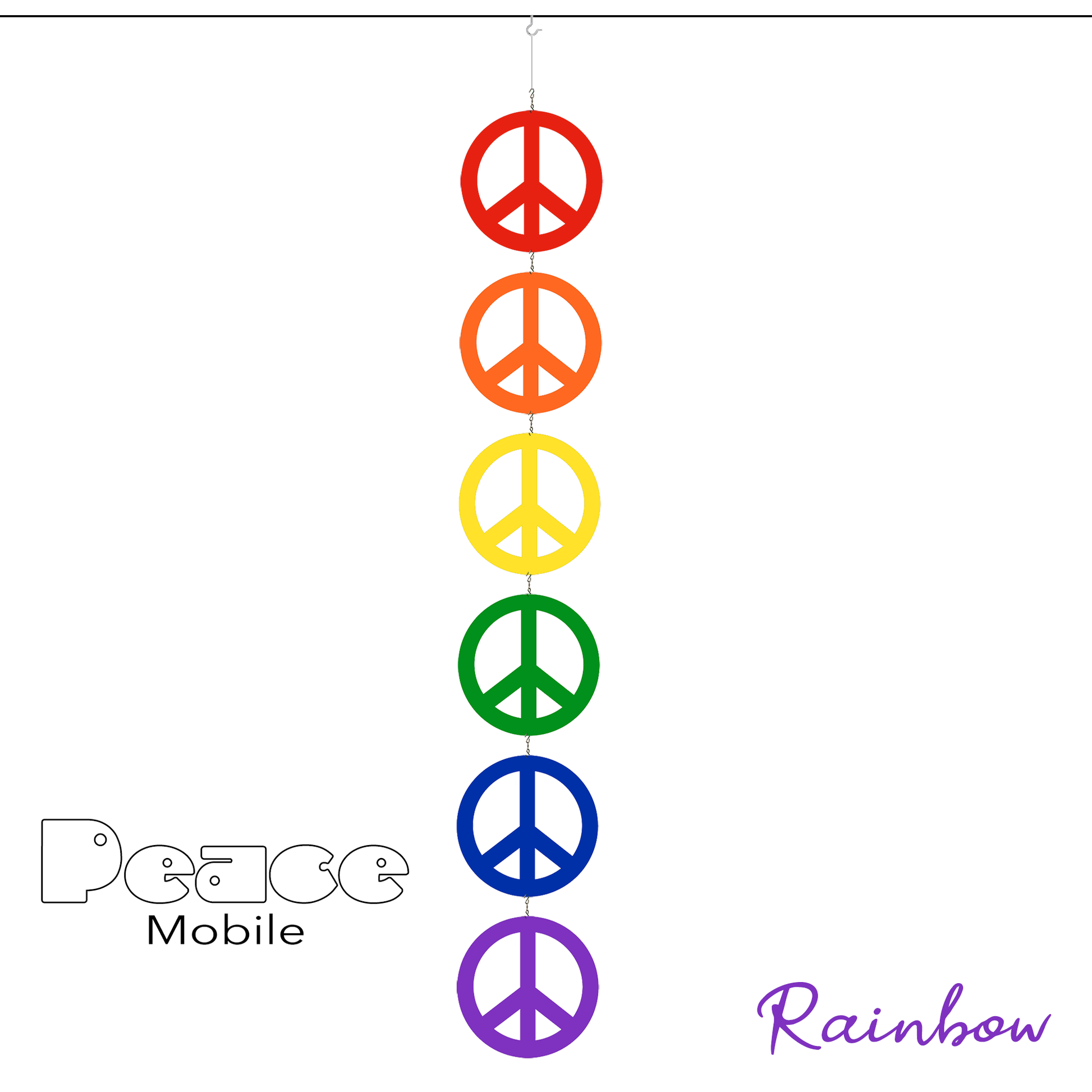 Rainbow Peace Mobile - 6 Peace signs in LGBTQ+ Rainbow colors of red, orange, yellow, green, blue, and purple - kinetic hanging art mobile symbolizes World Peace and Gay Pride - by AtomicMobiles.com
