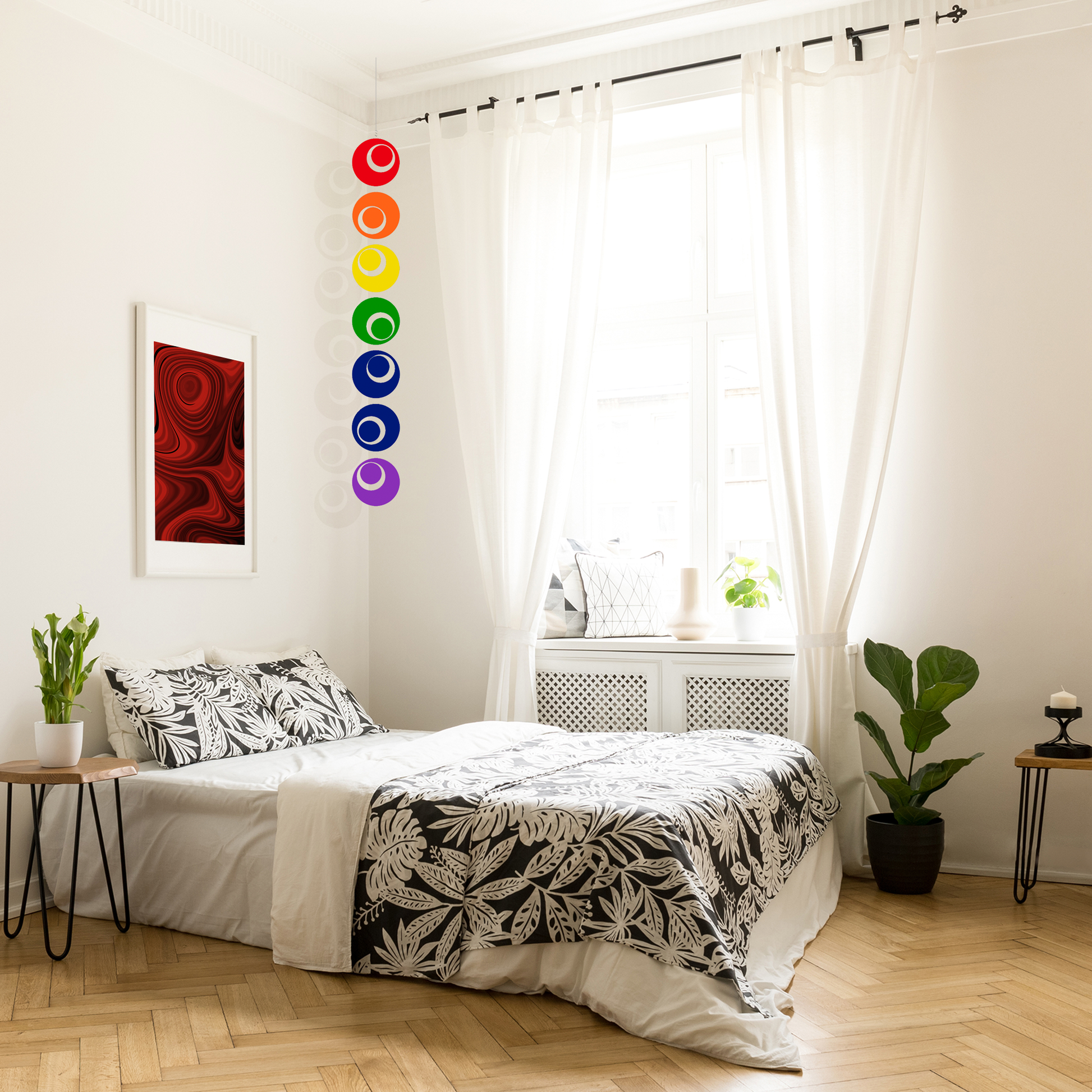 Cozy bedroom with rainbow Groovy hanging art mobile by AtomicMobiles.com