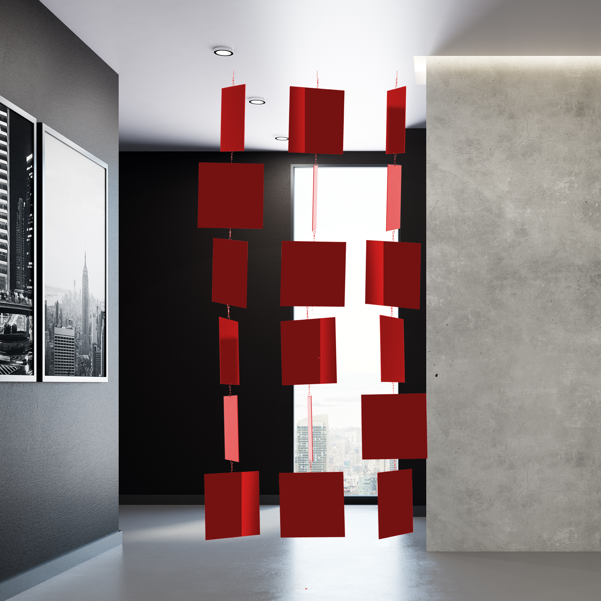 Red MODcast room divider panels in ultra modern high rise apartment in New York City with concrete wall and floor to ceiling window and picture of Empire State Building - hanging room dividers by AtomicMobiles.com