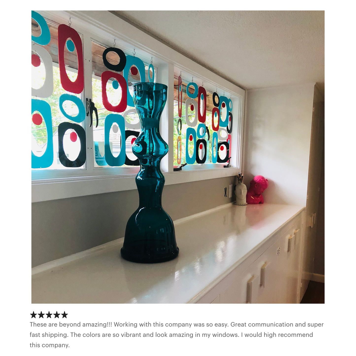 Customer review of red aqua black and gray retro mid century modern window treatment by AtomicMobiles.com