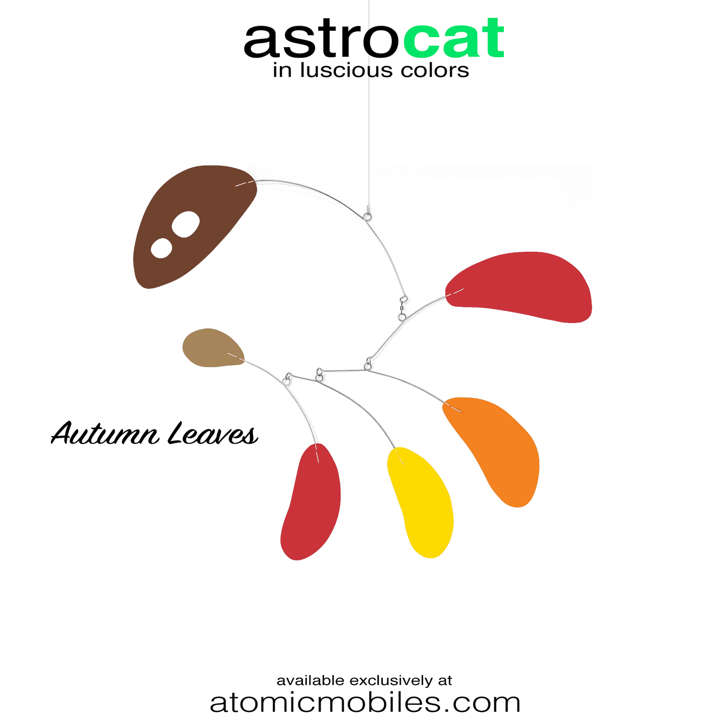 GROOVECATS AstroCat style kinetic hanging art mobile in Fall Colors of brown, red, orange, yellow, and latte by AtomicMobiles.com