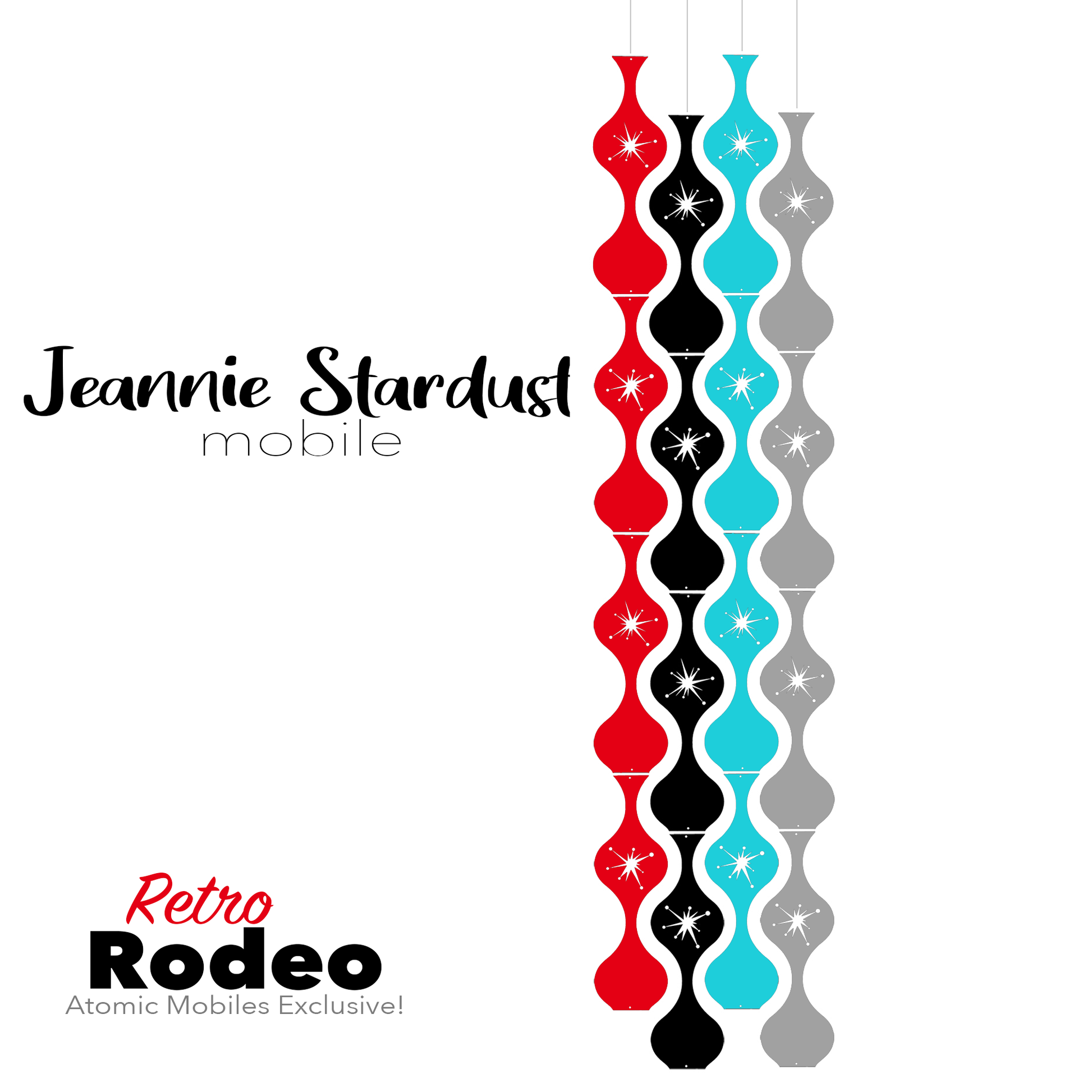Retro Rodeo Jeannie Stardust Hanging Art Mobile - mid century modern home decor in Red, Aqua, Black, and Gray - by AtomicMobiles.com