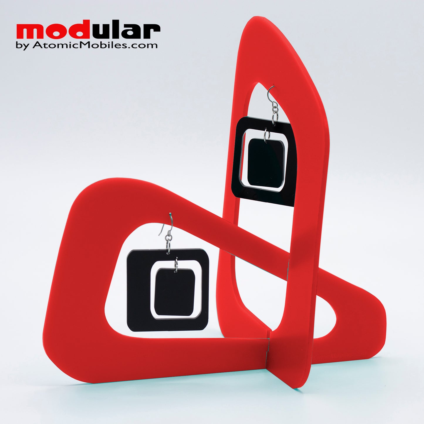 Handmade Coolsville mod style earrings and stabile kinetic modern art sculpture in Red and Black by AtomicMobiles.com