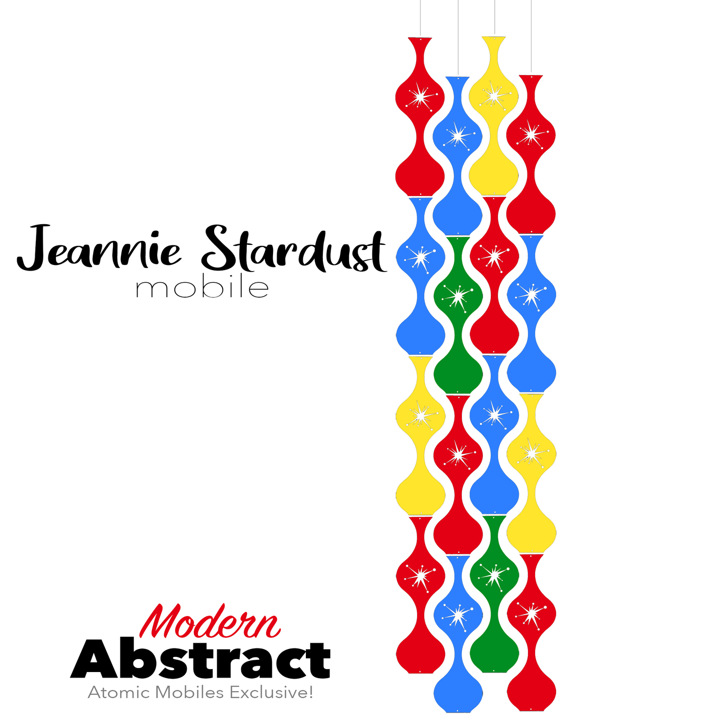 Modern Abstract Jeannie Stardust Hanging Art Mobile - mid century modern home decor in colorful colors of Red, Blue, Yellow, and Green - by AtomicMobiles.com
