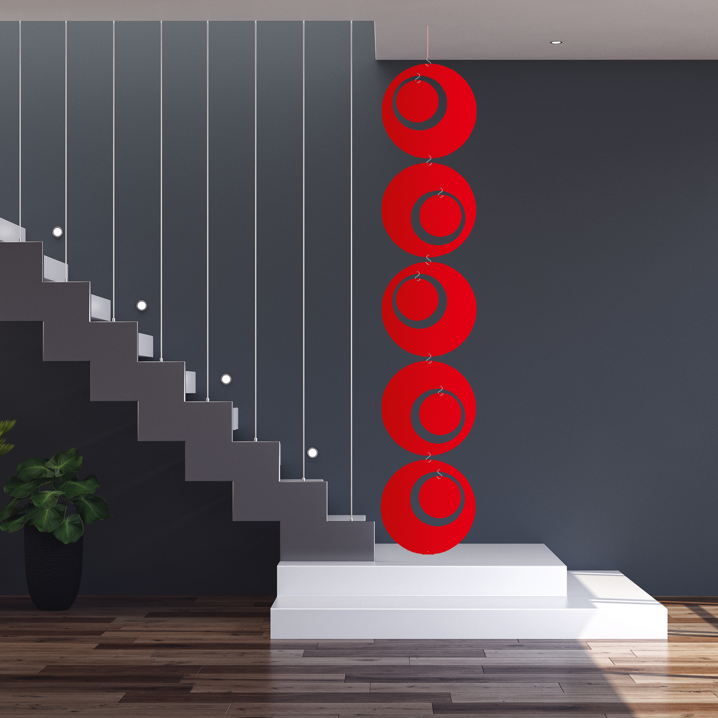 Red XL Groovy Hanging Art Mobile at landing of modern stairwell - mid century modern retro mobiles by AtomicMobiles.com