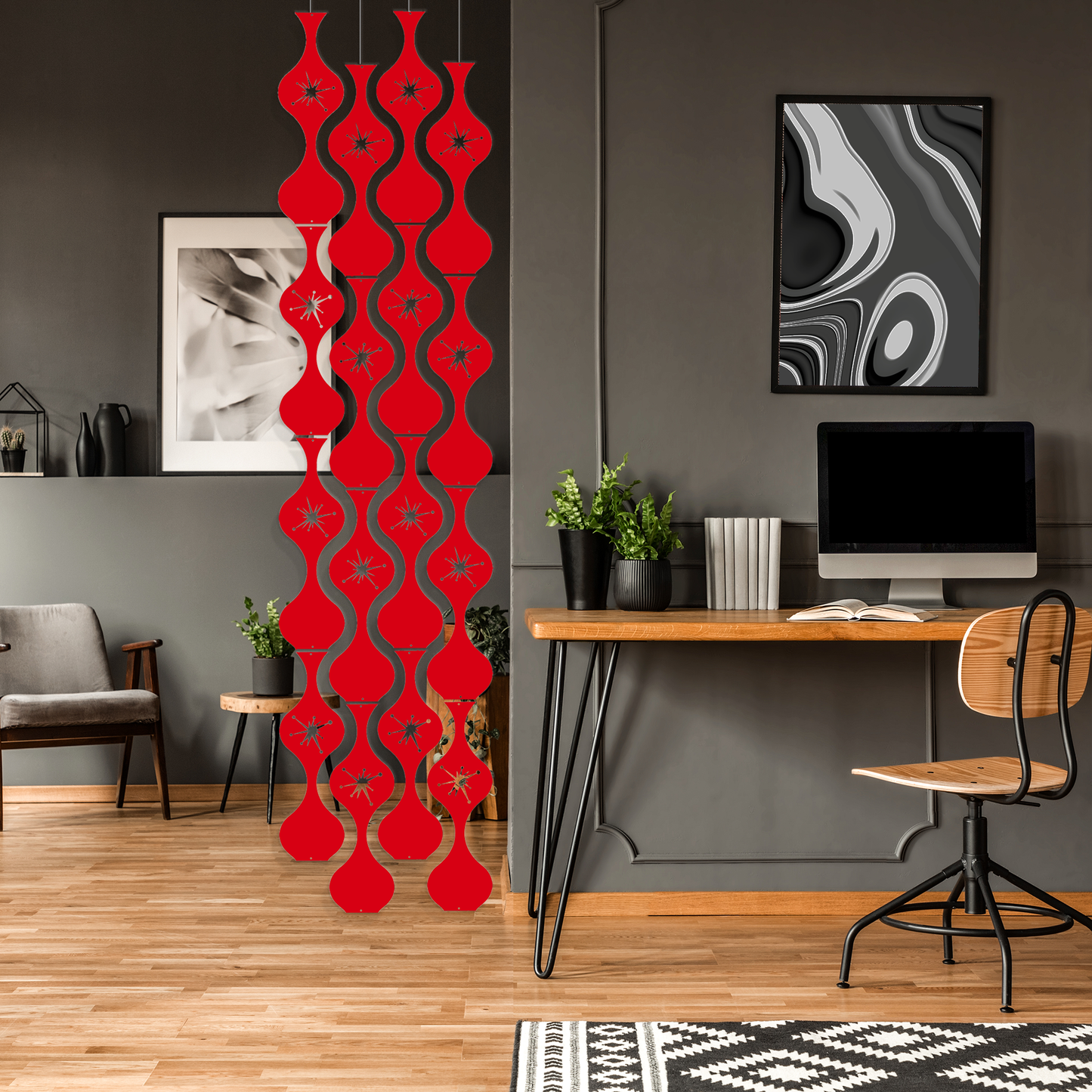 Jeannie Stardust Retro Room Mobile in red with mid century modern starburst cutouts in home office by AtomicMobiles.com