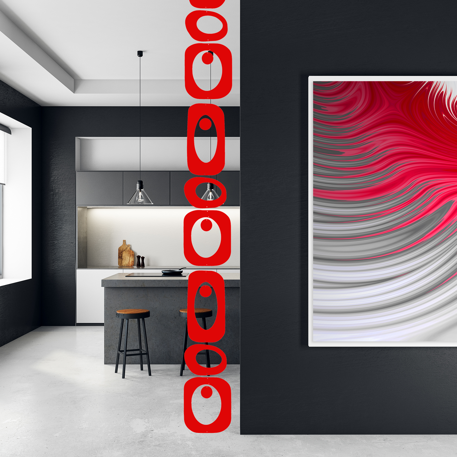 Gorgeous modern kitchen with wall divider and framed colorful abstract art, with red Beatnik Party vertical hanging art mobile by AtomicMobiles.com