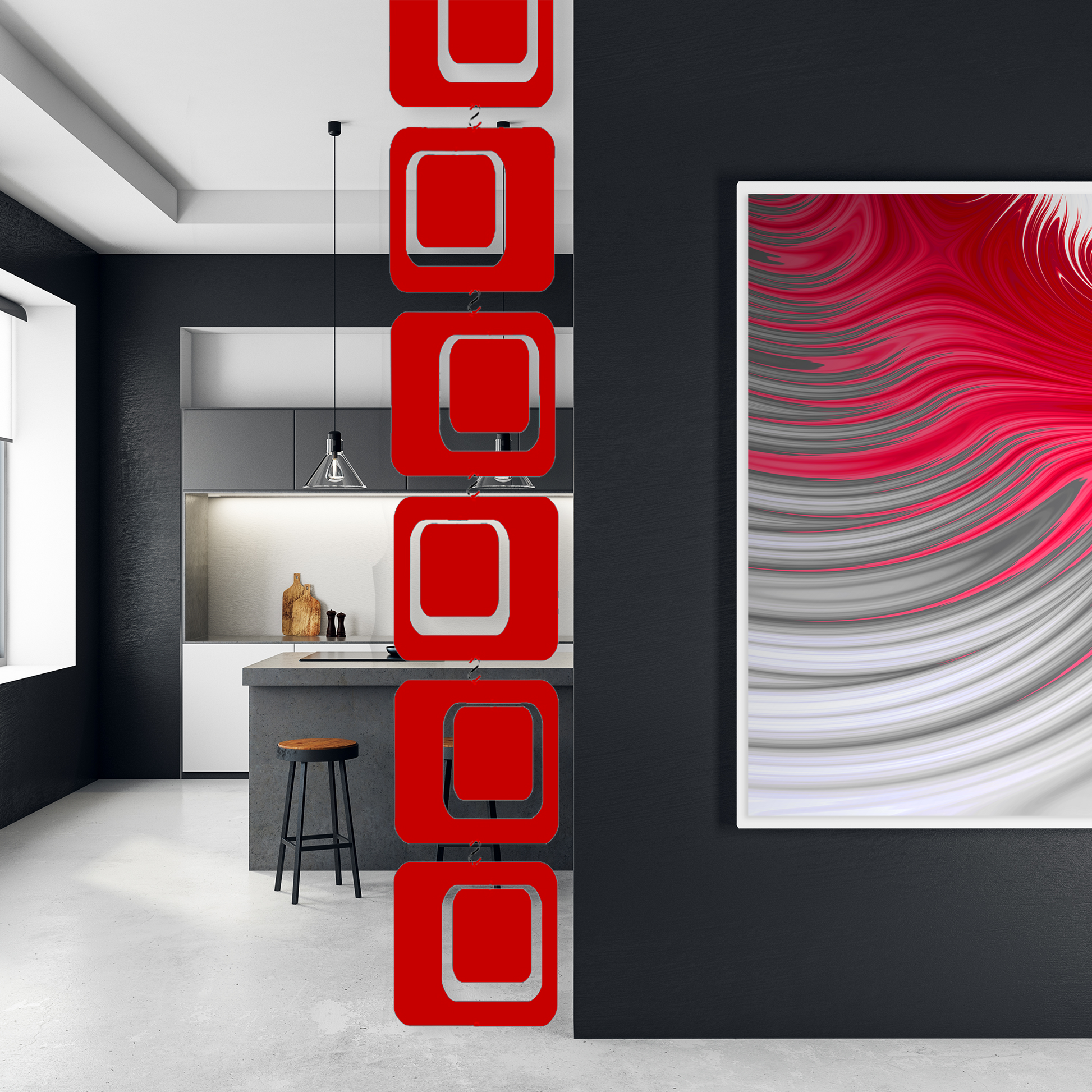 Modern black kitchen with red retro mid century modery Coolsville XL hanging art mobile and red abstract art print - mobile by AtomicMobiles.com