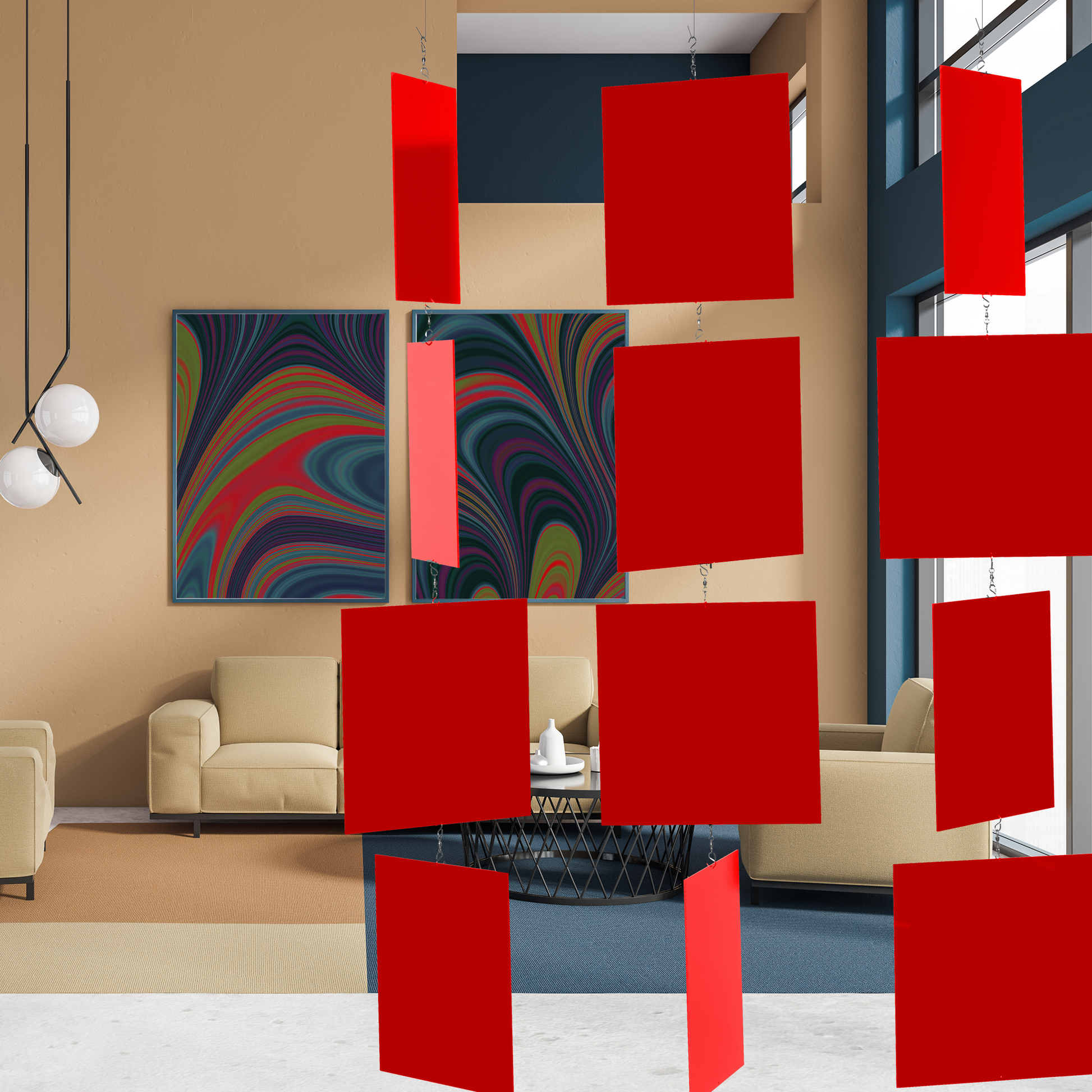 Beautiful beige living room with modern furniture, framed abstract art, and red MODcast kinetic art mobiles by AtomicMobiles.com