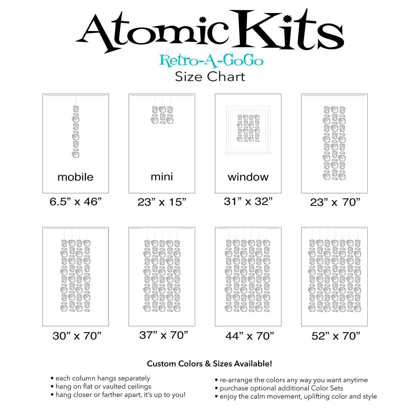 Size Chart for Retro-A-GoGo DIY KIT for mobiles, room dividers, and curtains  in Clear Lucite Acrylic by AtomicMobiles.com