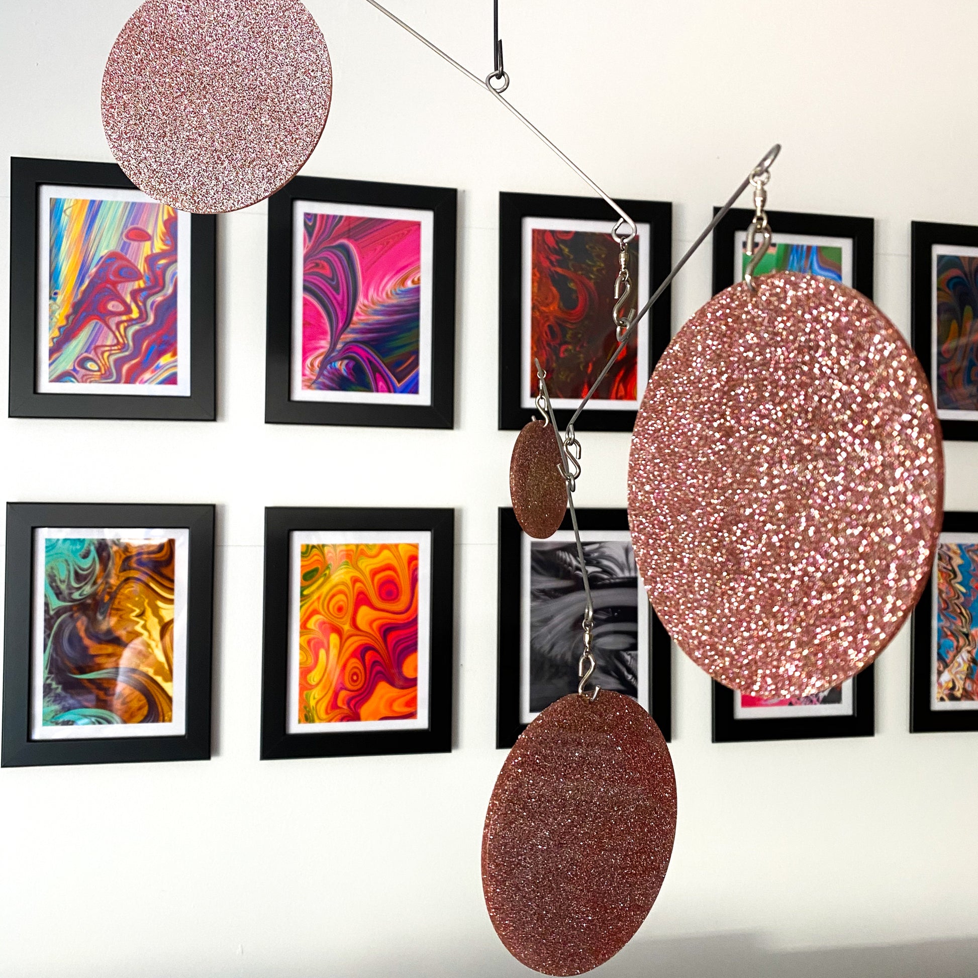 Gorgeous Rose Gold Atomic Mobile with abstract art in small picture frames -  DIY Kit - kinetic hanging art by AtomicMobiles.com