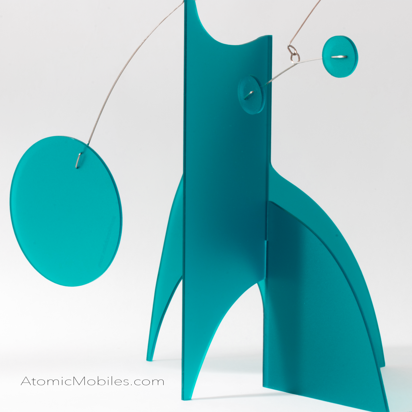 Side view of Moderne Monochrome Teal Blue - Frosty Teal modern art sculpture stabile - tabletop mobile - handmade in Los Angeles by AtomicMobiles.com