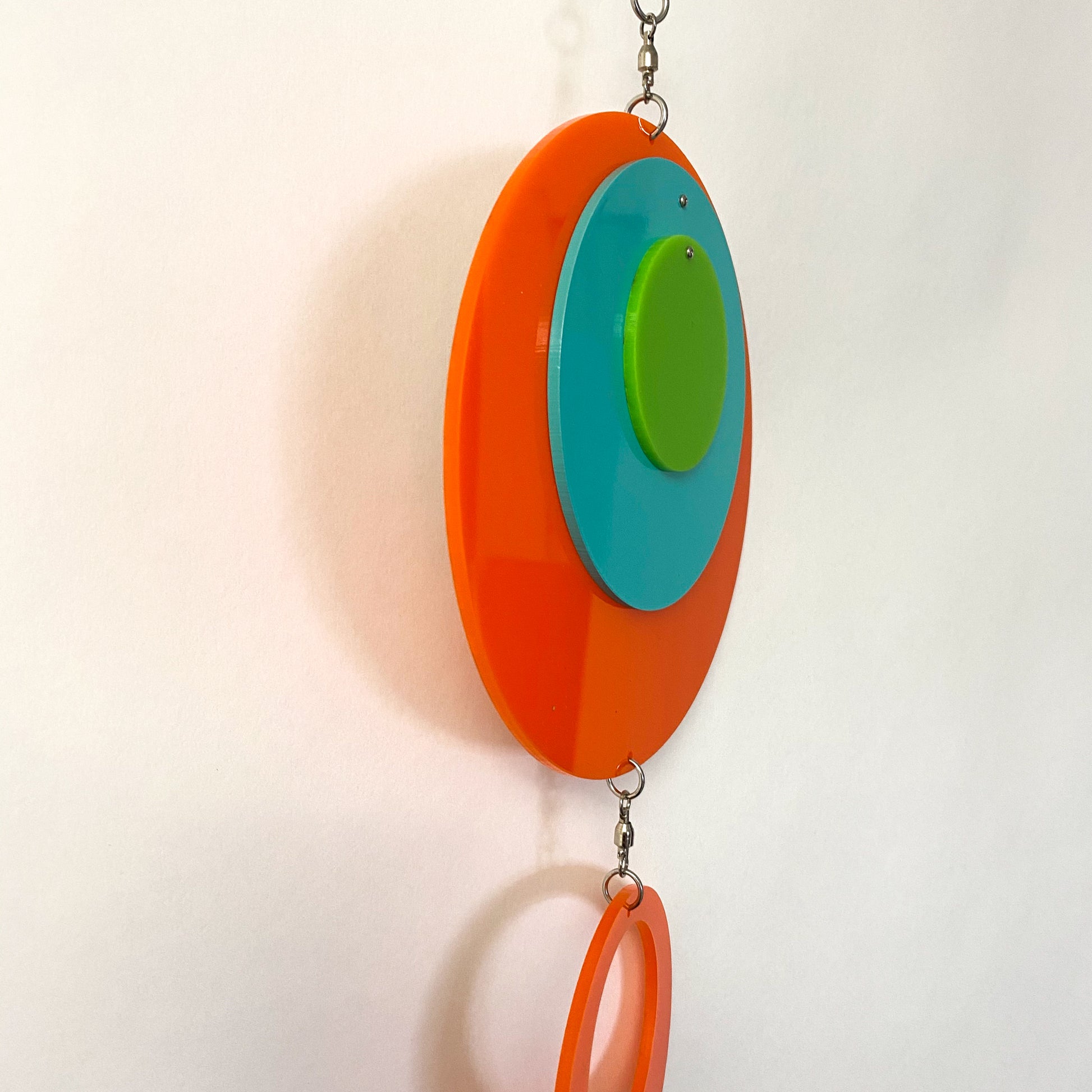 Side of Palm Springs Retro Vertical Hanging Mobile in Palm Springs Colors of Orange, Aqua, and Lime by AtomicMobiles.com