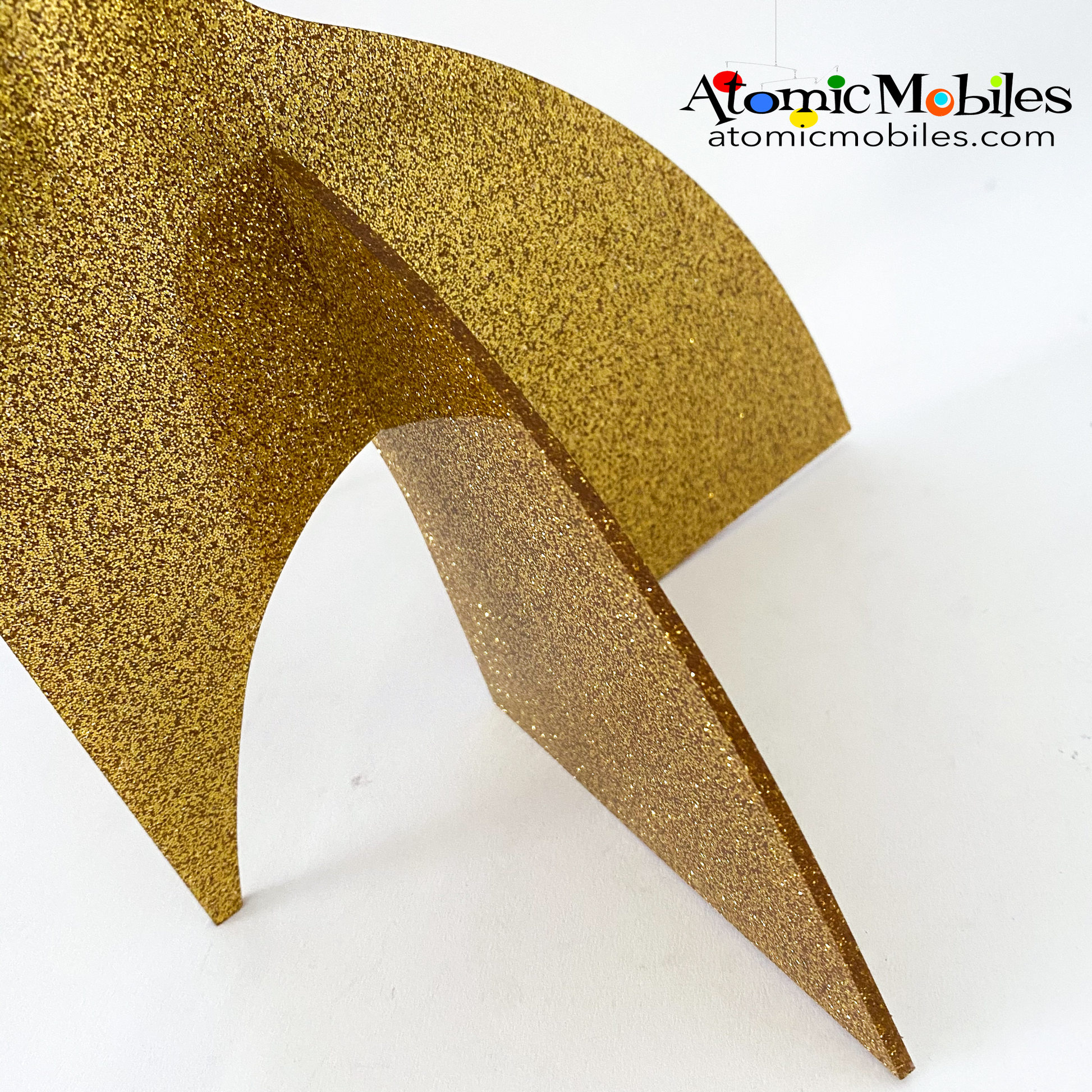Closeup of Gorgeous Glitter Gold Modern Art Sculpture Stabile - Limited Edition Kinetic Art by AtomicMobiles.com