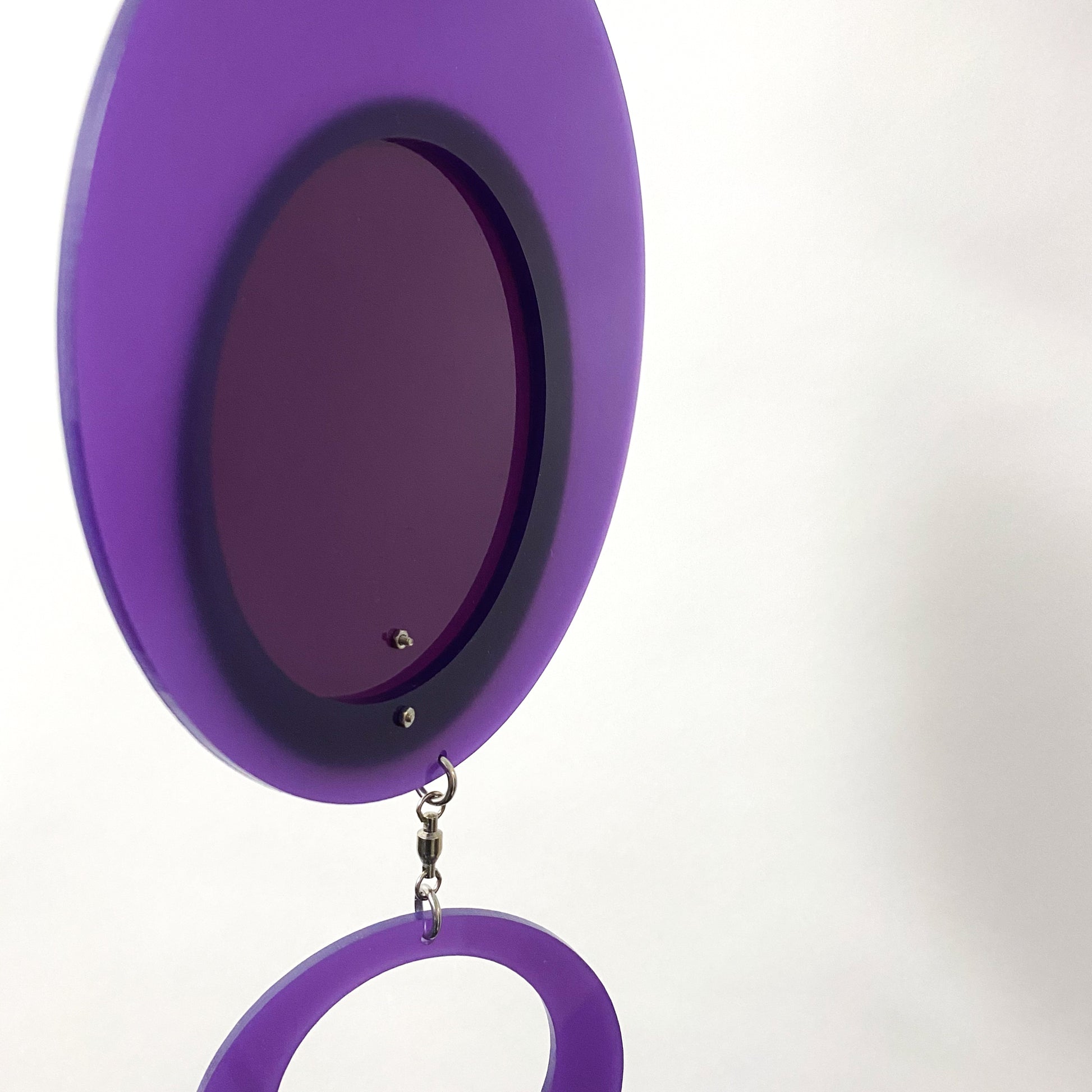 Back side of Retro 1970s vertical kinetic art mobile in purple circle DOTS ready to ship today by AtomicMobiles.com