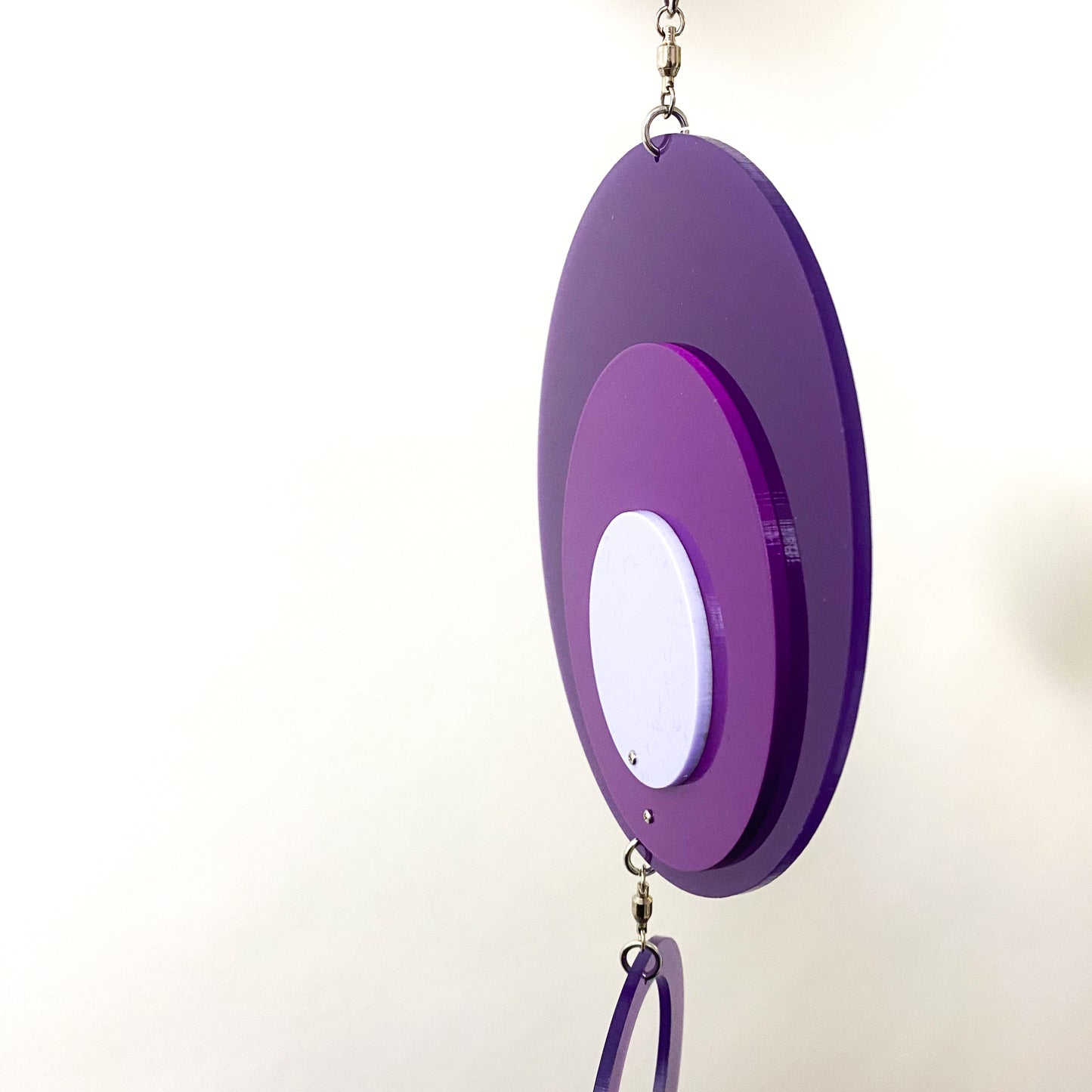 3 Shades of purple - Retro 1970s vertical kinetic art mobile in purple circle DOTS ready to ship today by AtomicMobiles.com