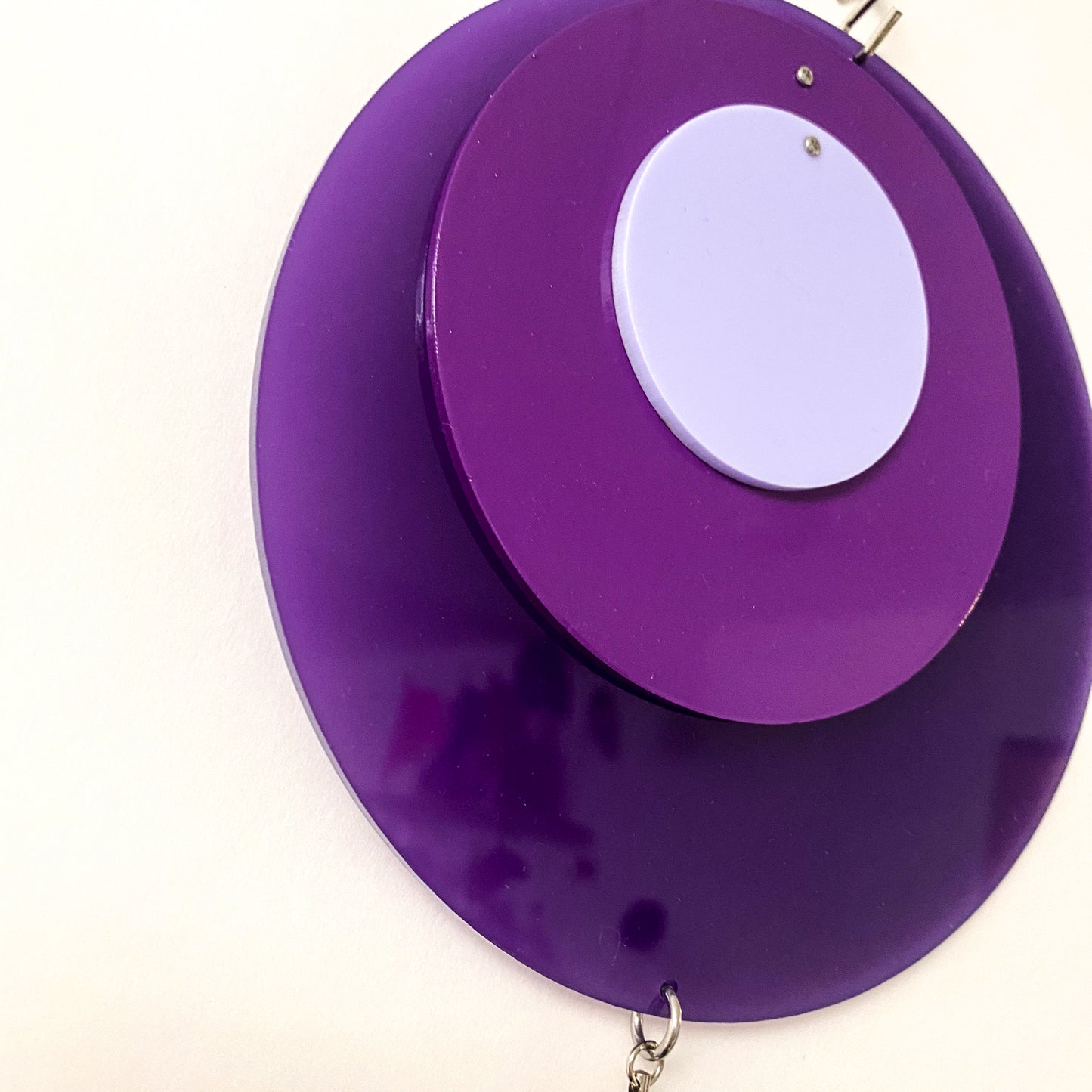 Gorgeous closeup of Retro 1970s vertical kinetic art mobile in purple circle DOTS ready to ship today by AtomicMobiles.com