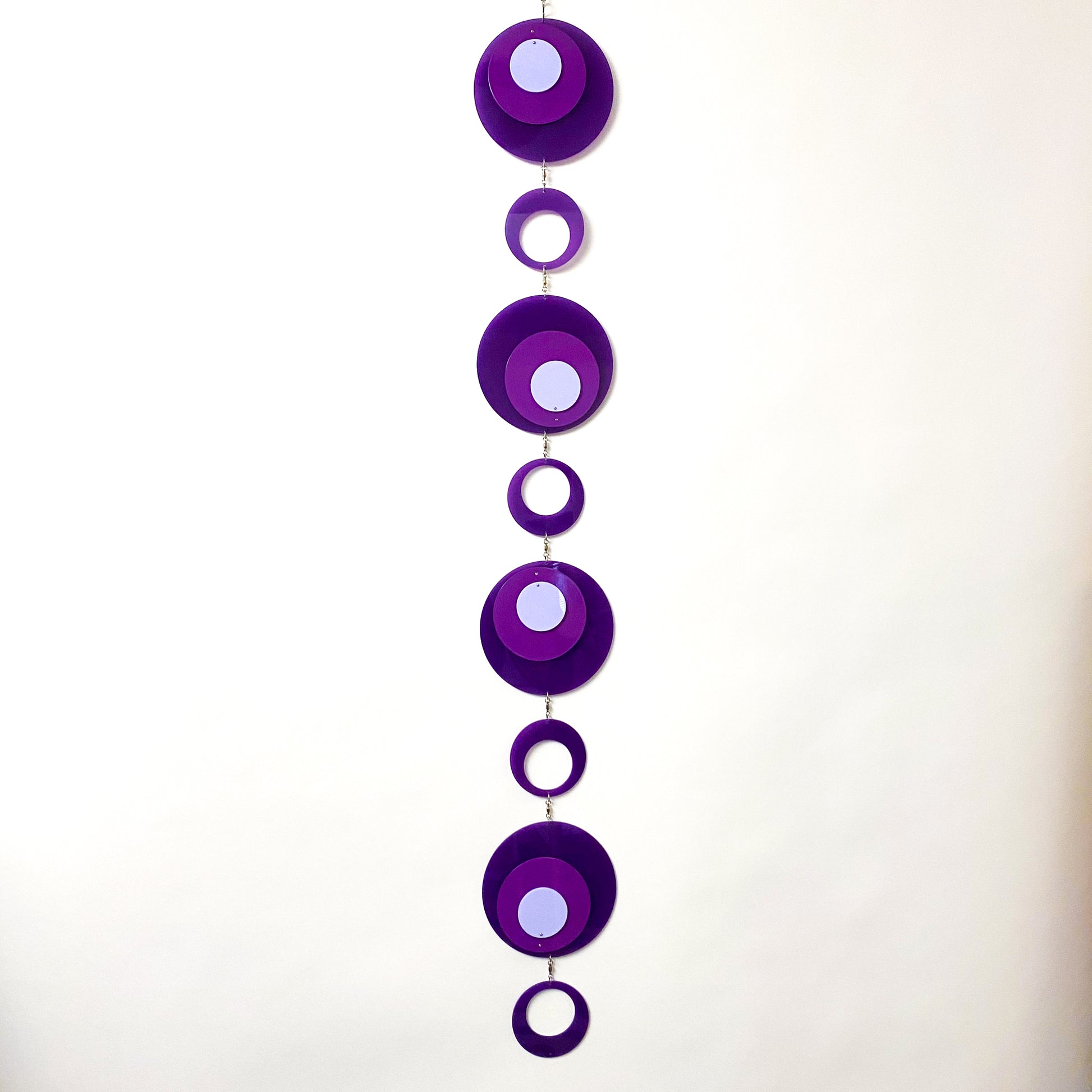 Large Retro 1970s vertical kinetic art mobile in purple circle DOTS ready to ship today by AtomicMobiles.com
