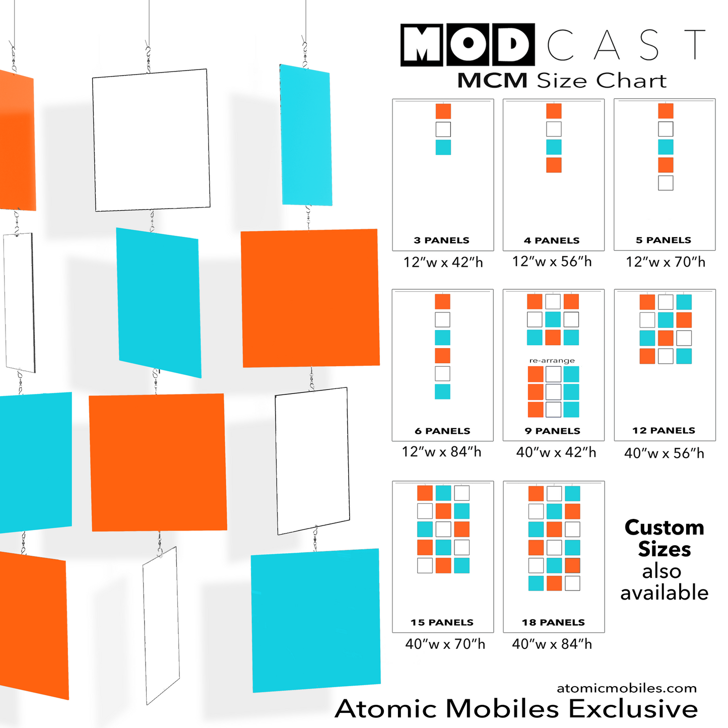 MCM Palm Springs style MODcast kinetic hanging art mobiles in Orange, Aqua Blue, and White acrylic plexiglass panels - mid century modern style home decor by AtomicMobiles.com
