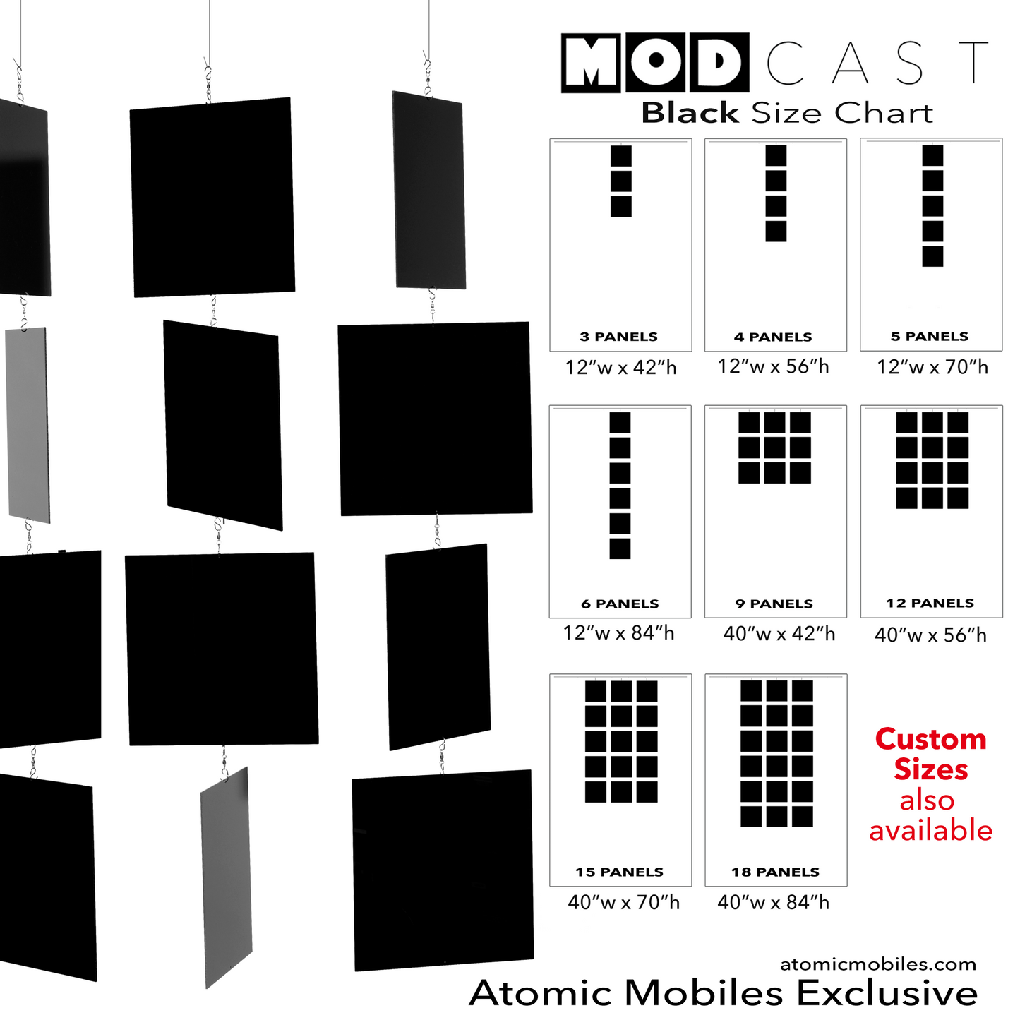 Size Chart for Black MODcast Hanging Art Mobiles - mid century modern style kinetic art by AtomicMobiles.com