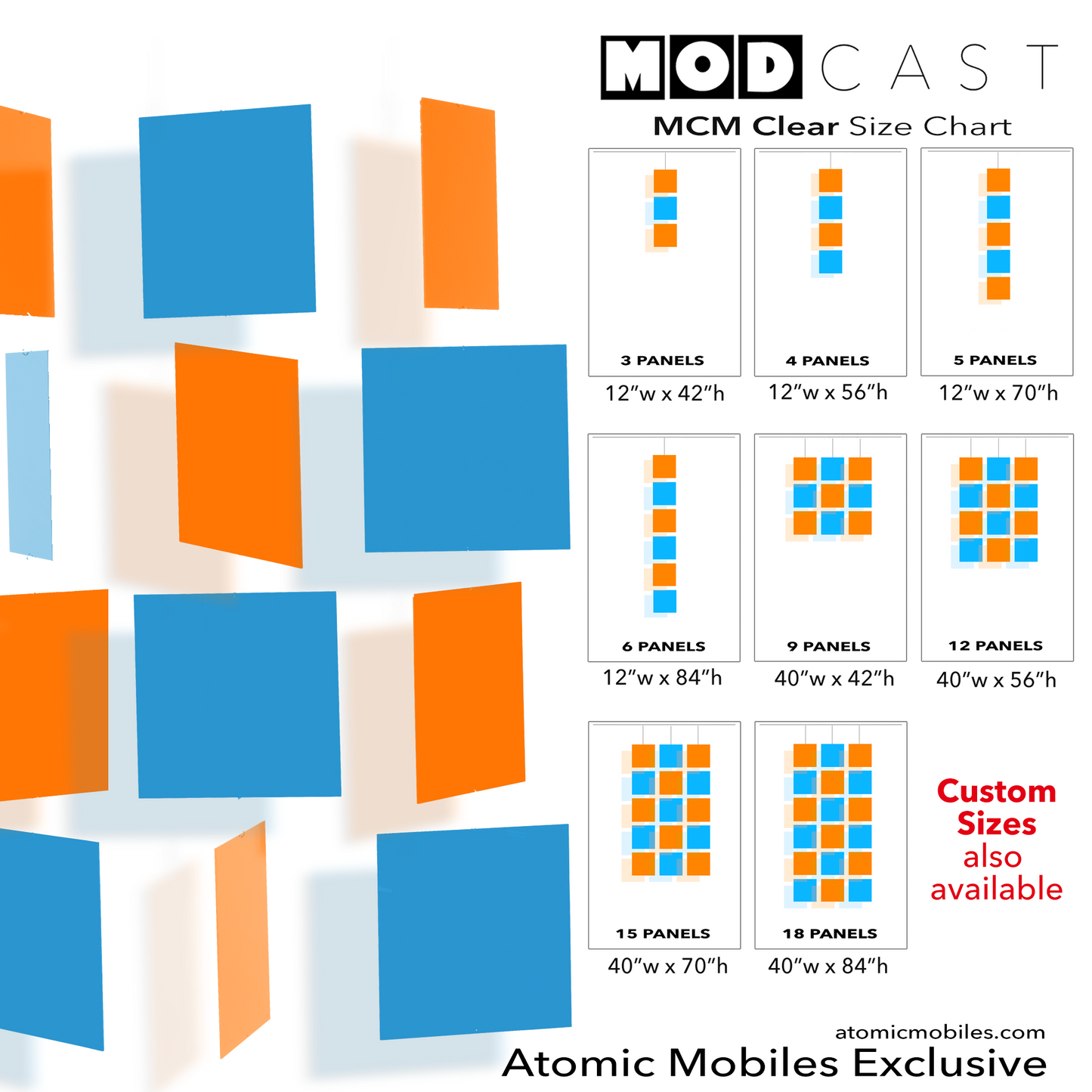 Size Chart for mid century modern MODcast hanging art mobiles in clear acrylic Orange and Light Blue - home interior decoration by AtomicMobiles.com