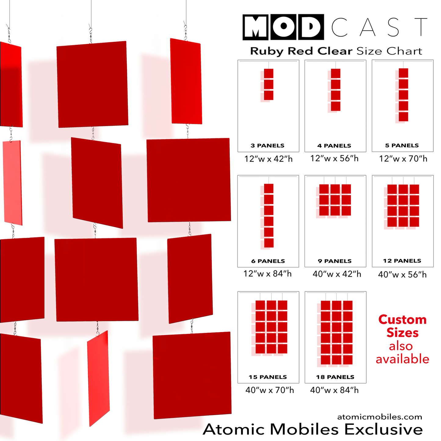 Size Chart for mid century modern MODcast hanging art mobiles in clear acrylic  Red - home interior decoration by AtomicMobiles.com