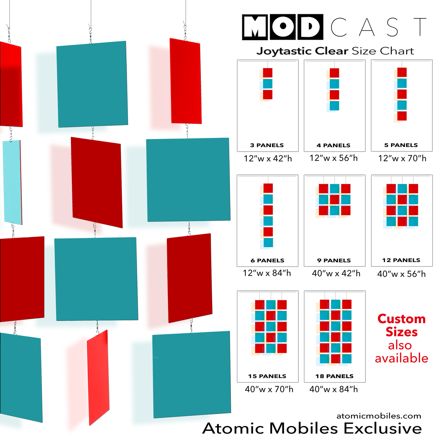 Size Chart for mid century modern MODcast hanging art mobiles in clear acrylic Red - home interior decoration by AtomicMobiles.com