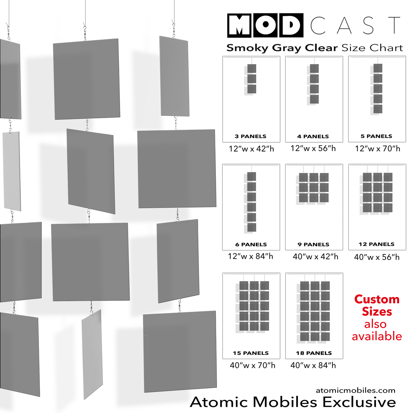 Size Chart for mid century modern MODcast hanging art mobiles in clear acrylic Smoky Gray - home interior decoration by AtomicMobiles.com