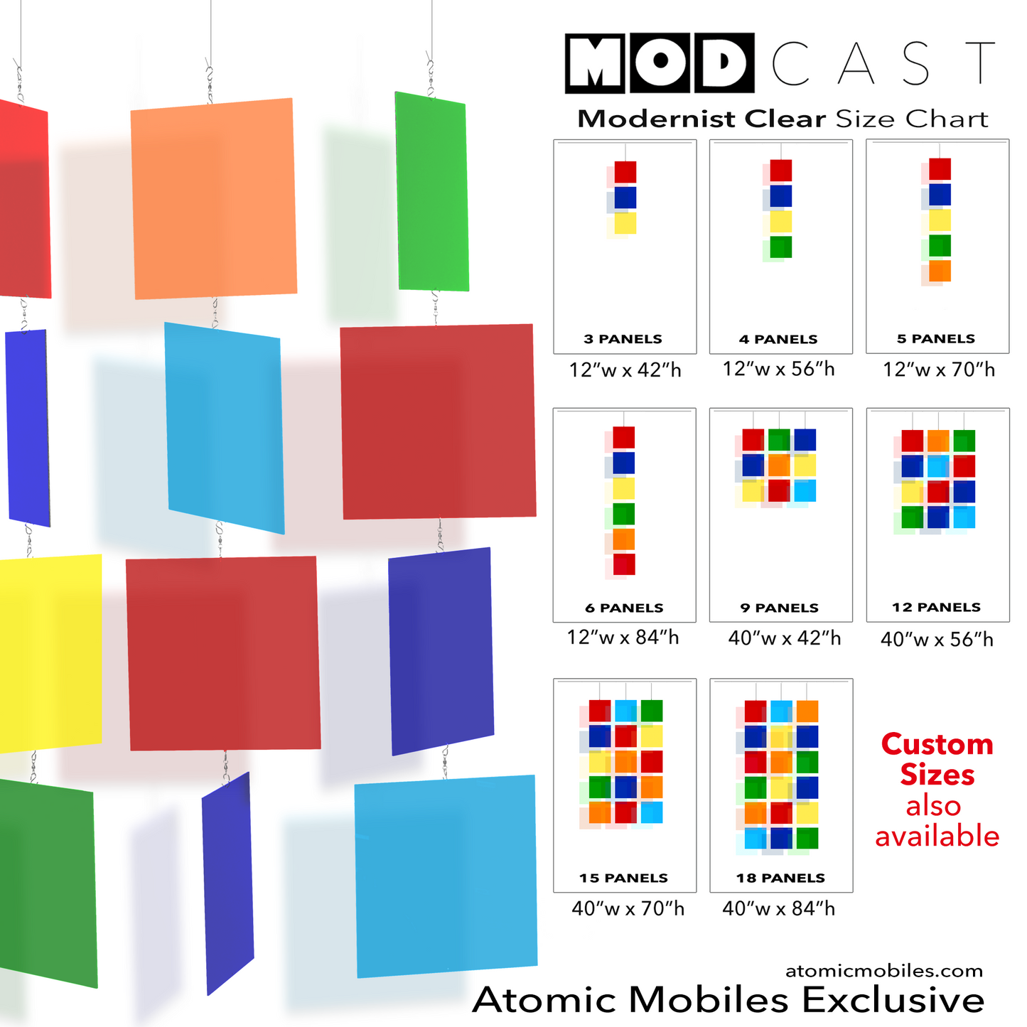 Size Chart for mid century modern MODcast hanging art mobiles in multi clear acrylic colors of Orange, Green, Red, Light Blue, Navy Blue and Yellow - home interior decoration by AtomicMobiles.com