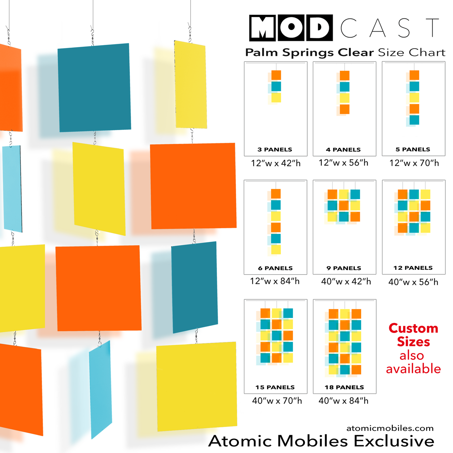 Size Chart for Palm Springs inspired mid century modern MODcast hanging art mobiles in multi clear acrylic colors of Orange, Teal, and Yellow - home interior decoration by AtomicMobiles.com