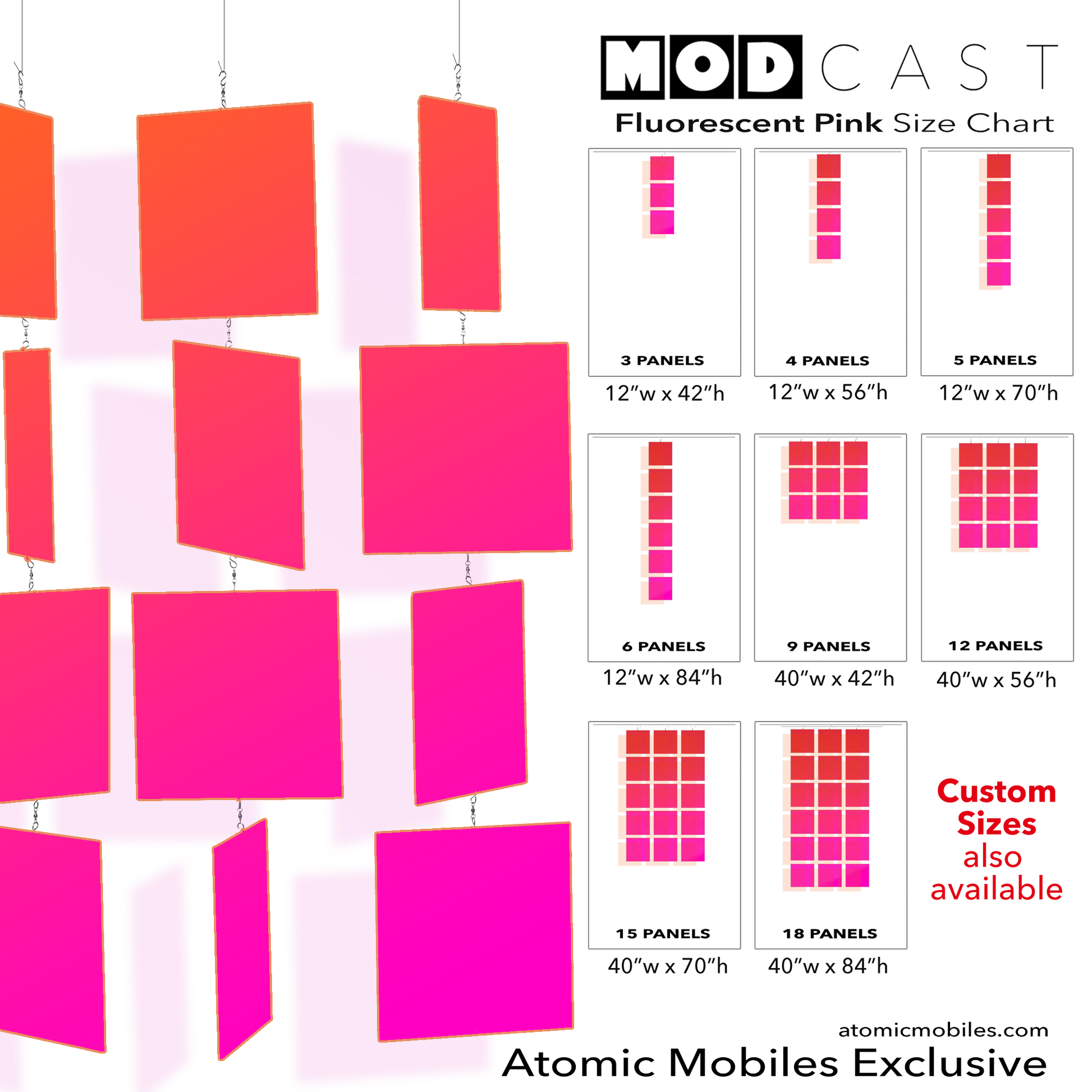 Modernist MODcast mid century modern style kinetic hanging art mobile for home decor in clear color fluorescent Hot Pink acrylic plexiglass - handmade in Los Angeles California by AtomicMobiles.com