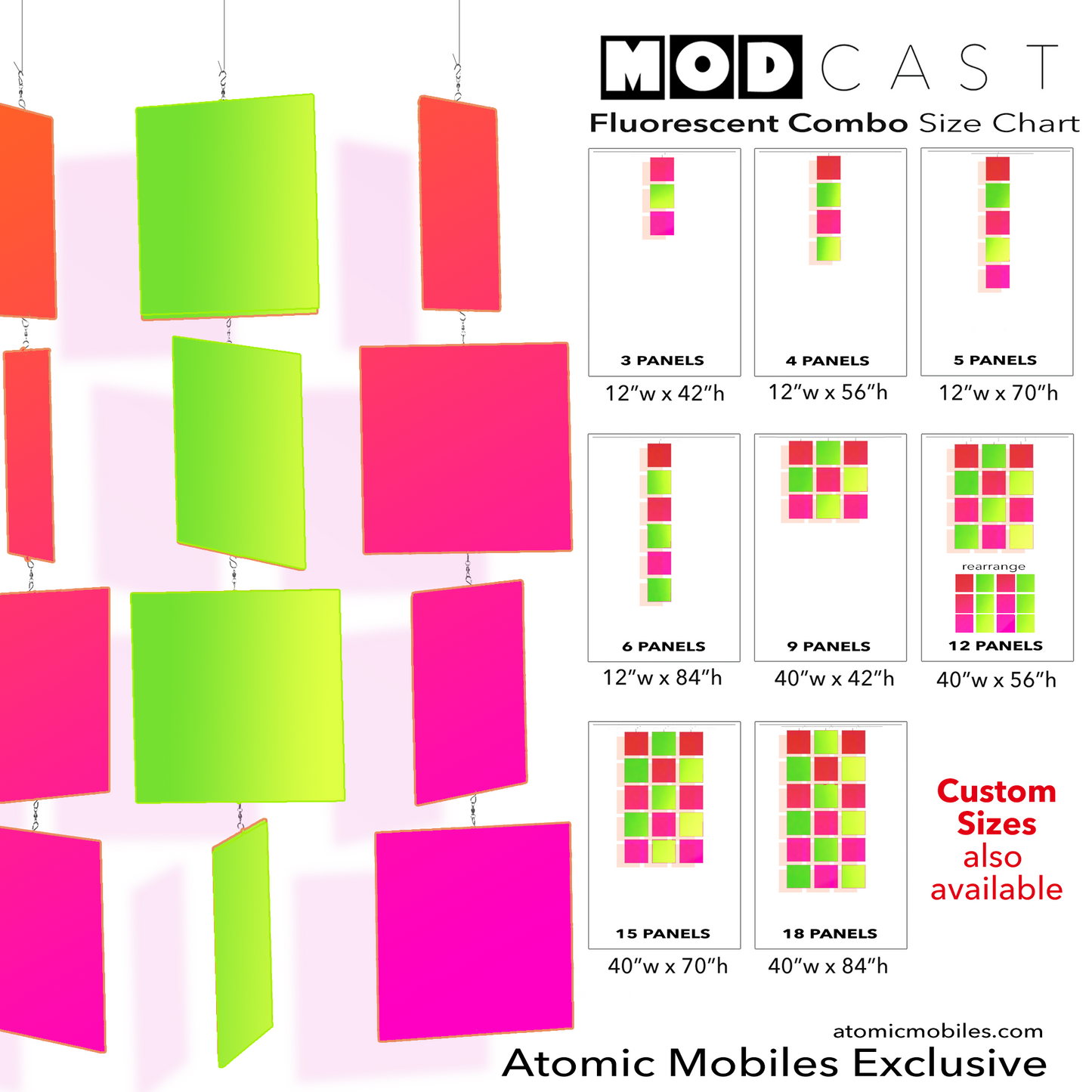 Modernist MODcast mid century modern style kinetic hanging art mobile for home decor in clear color fluorescent Hot Pink and Green acrylic plexiglass - handmade in Los Angeles California by AtomicMobiles.com
