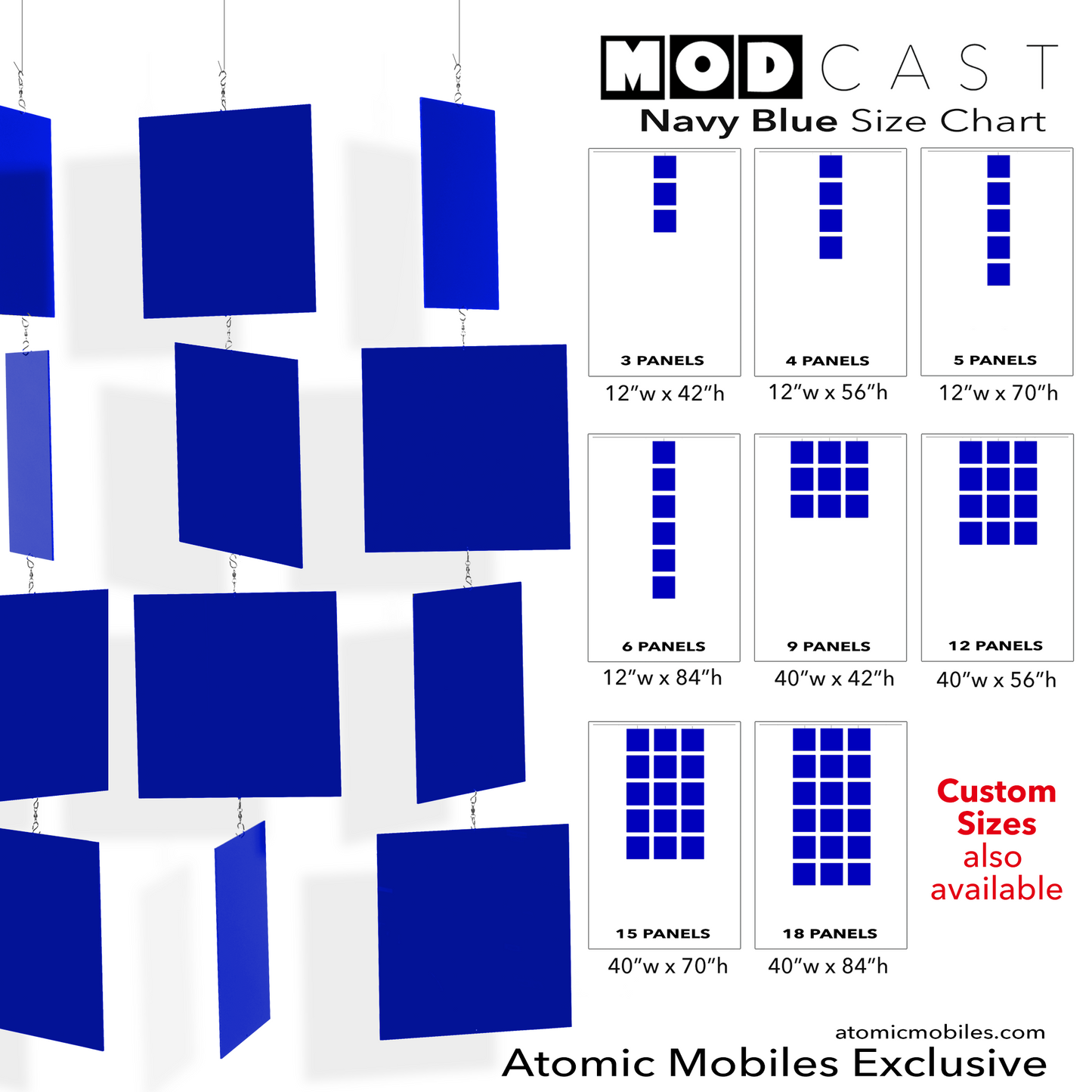 MODcast kinetic hanging art mobiles in Navy Blue glossy acrylic plexiglass panels - mid century modern style home decor by AtomicMobiles.com