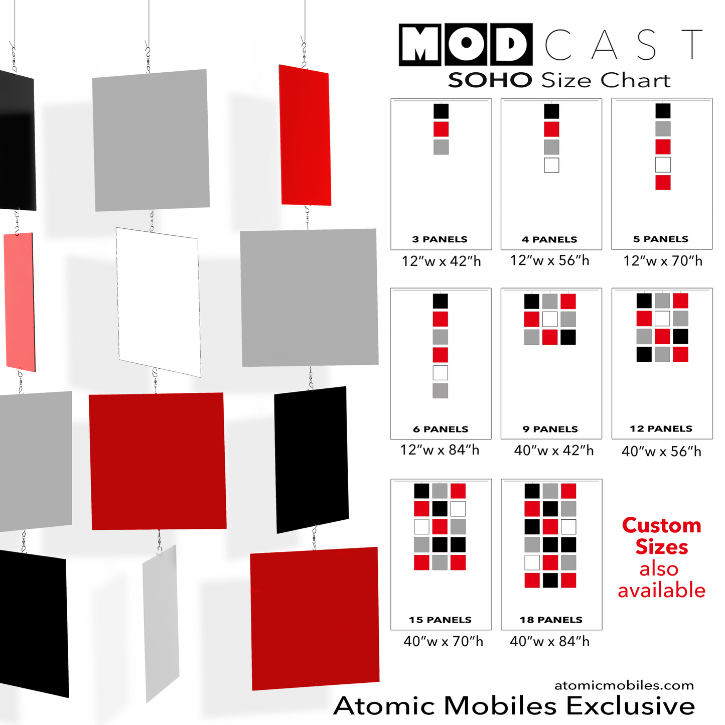 Size Chart for SOHO MODcast Hanging Art Mobiles in Black, Red, Gray, and White - mid century modern style kinetic art by AtomicMobiles.com