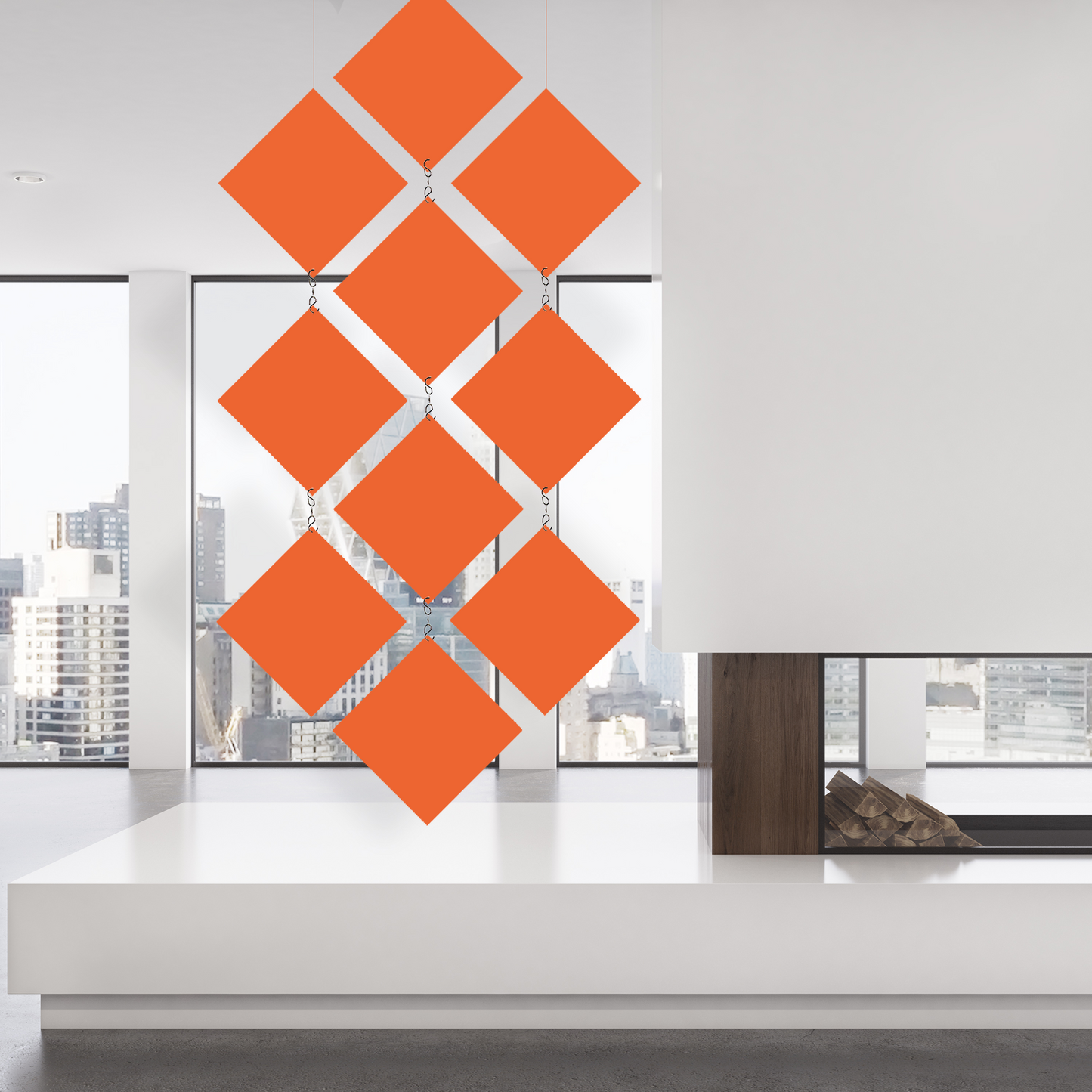 Orange MODcast Room Divider hanging art mobile panels in mid century modern retro diamond pattern shape in modern white living room with fireplace and city skyline view - by AtomicMoblies.com