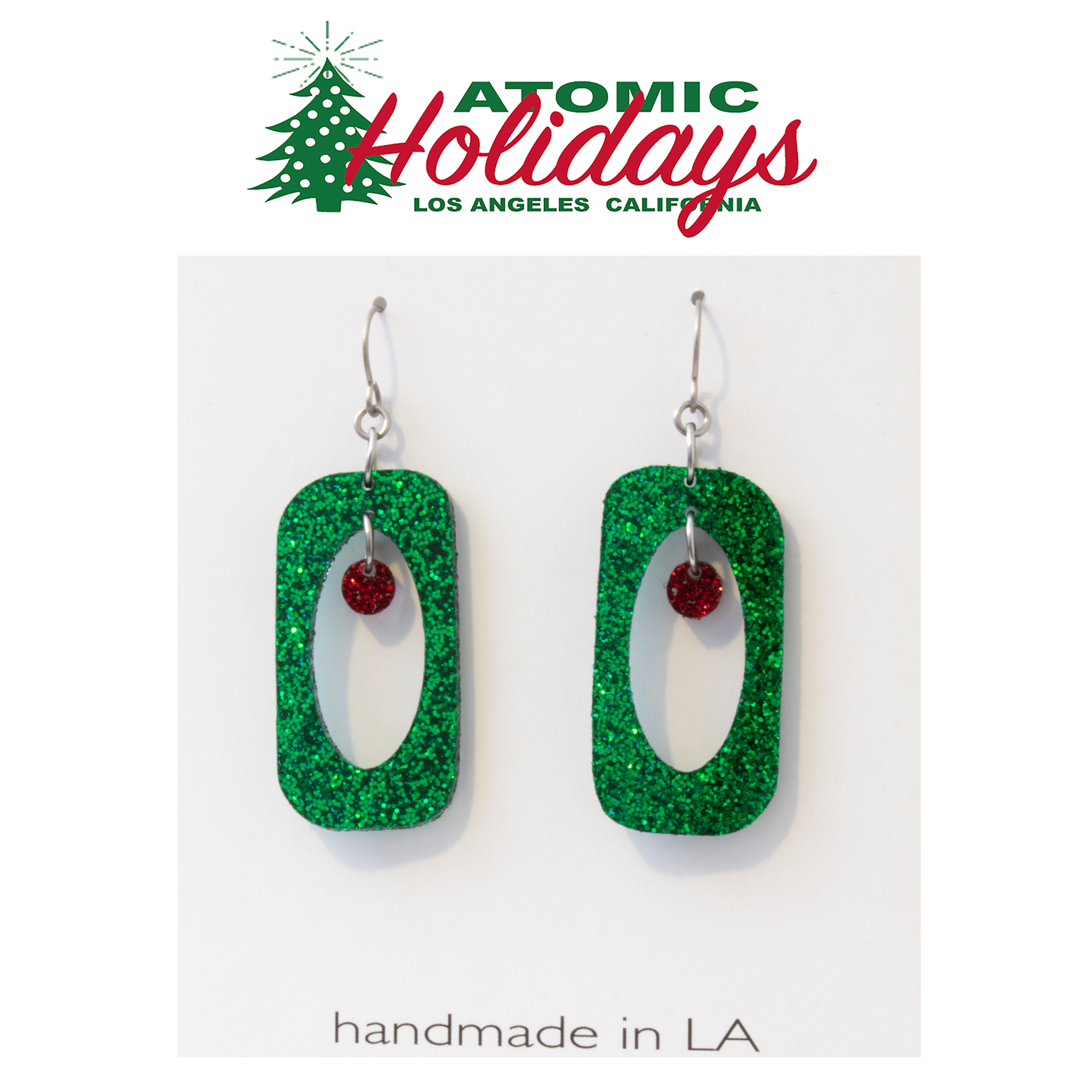 Stunning Glitter Glam Green and Red Small Christmas Earrings by AtomicMobiles.com
