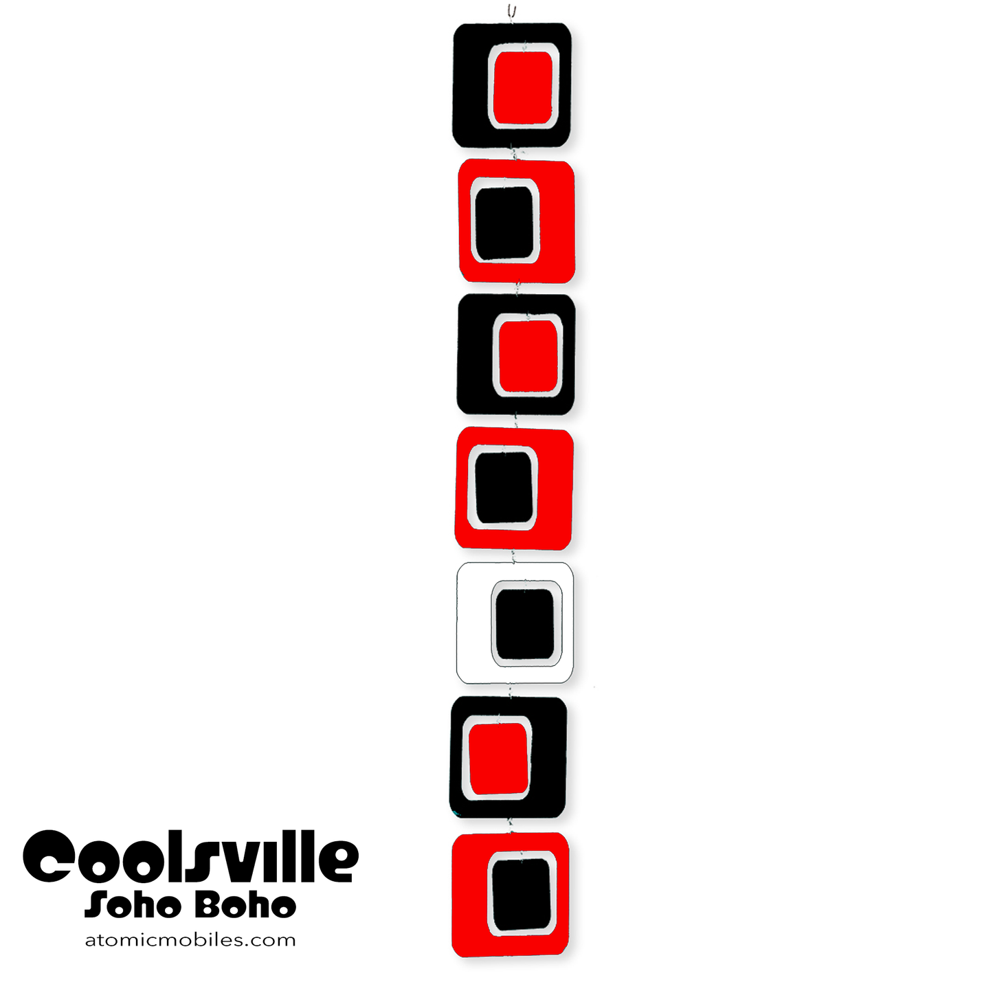 Coolsville kinetic vertical hanging art mobile in SohoBoho colors of Red, Black, and White by AtomicMobiles.com