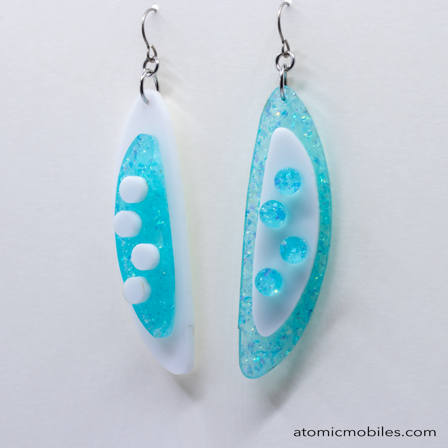 POPdots modern retro statement earrings in Sparkly Aqua Blue and White acrylic by AtomicMobiles.com