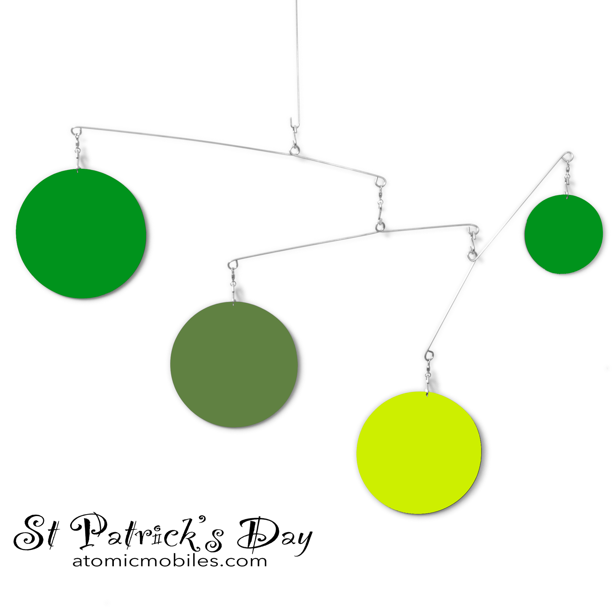 Unique St Patrick's Day Decoration - kinetic hanging art mobile in St Patrick's Day colors of Green, Olive Green, Lime Green, and Green by AtomicMobiles.com