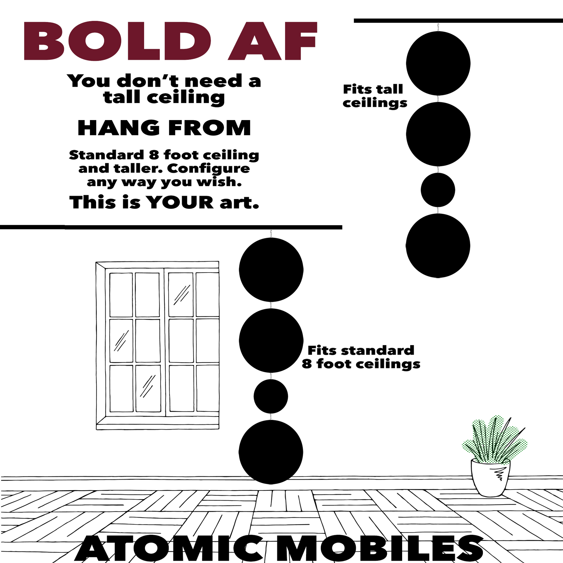 Size graphic for BOLD AF 92 inch massive hanging art mobile by AtomicMobiles.com - this mobile can hang from a standard 8 foot ceiling or taller
