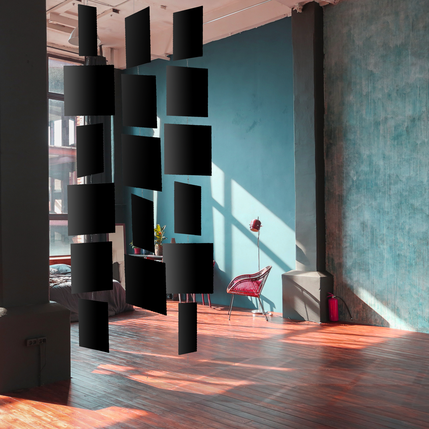 Urban loft with tall ceiling and black MODcast room dividers by AtomicMobiles.com