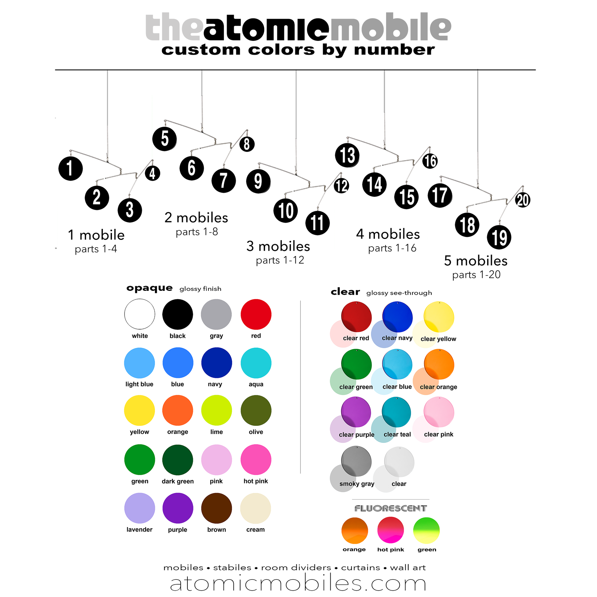 Color Chart - choose your own Christmas decorations Atomic Mobiles colors - not just limited to red and green! Cool mid century modern mobiles for Christmas and beyond by AtomicMobiles.com